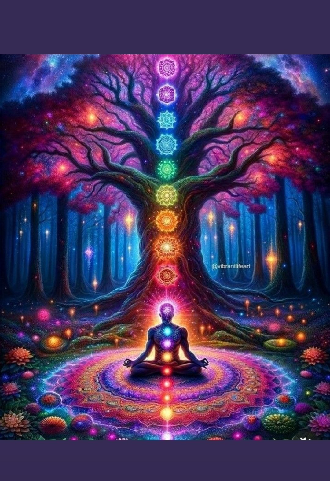 Tree of Life with 7 Chakras — Meditating figure beneath the sacred tree