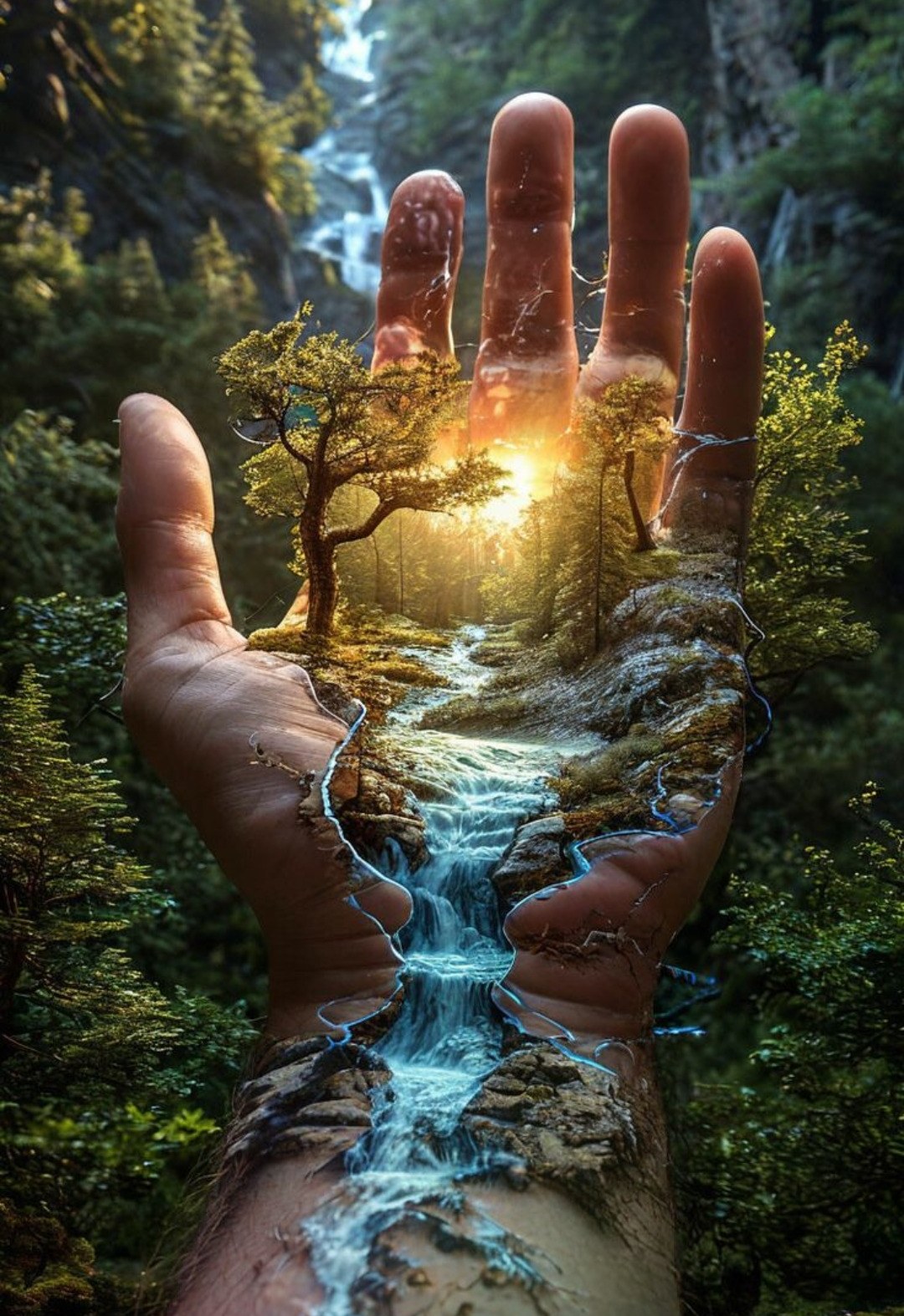 Hand holding a forest waterfall world — Nature in the palm of your hand