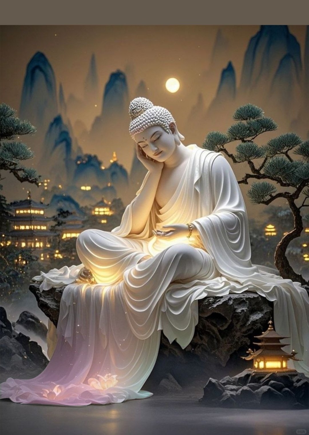 Buddha in peaceful contemplation beneath moonlit mountain