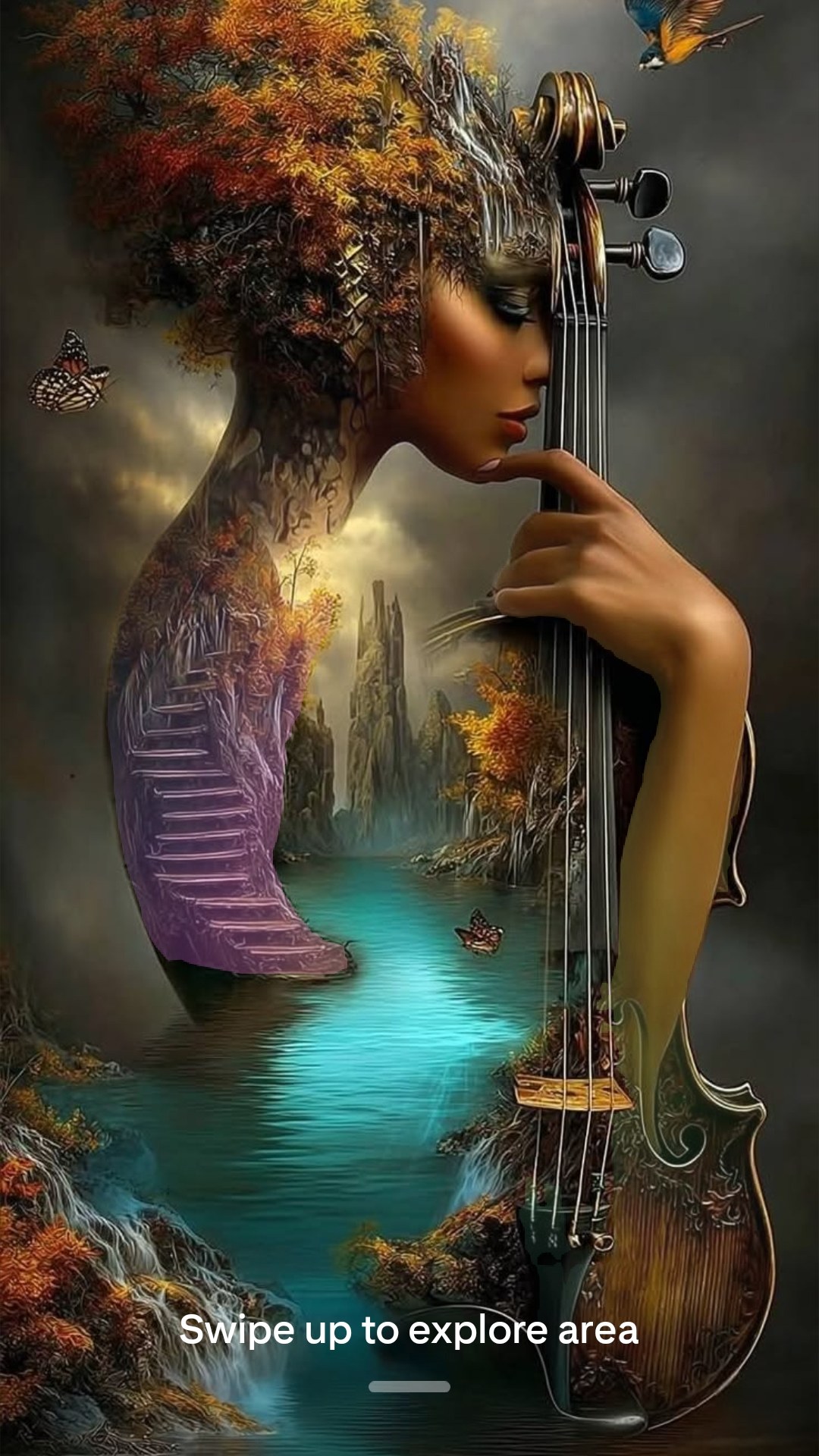 Music is the soul of nature — cello goddess with waterfalls