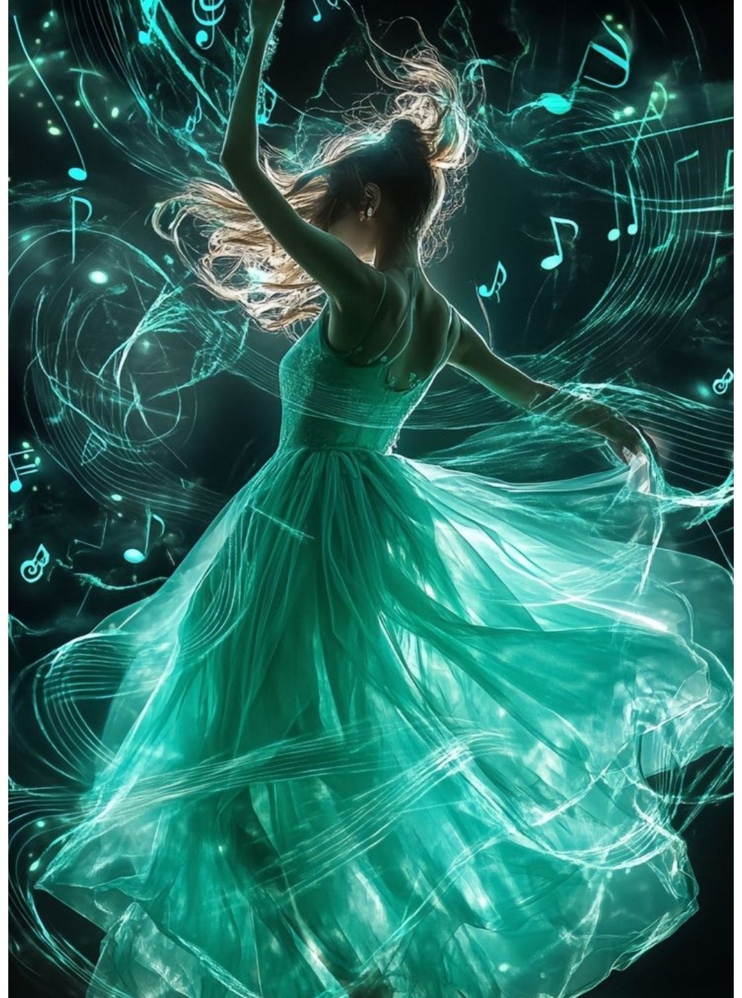 Dancer in teal — music notes — soul in motion