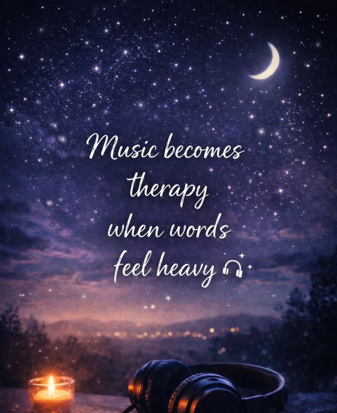 Music becomes therapy when words feel heavy — headphones candlelight stars