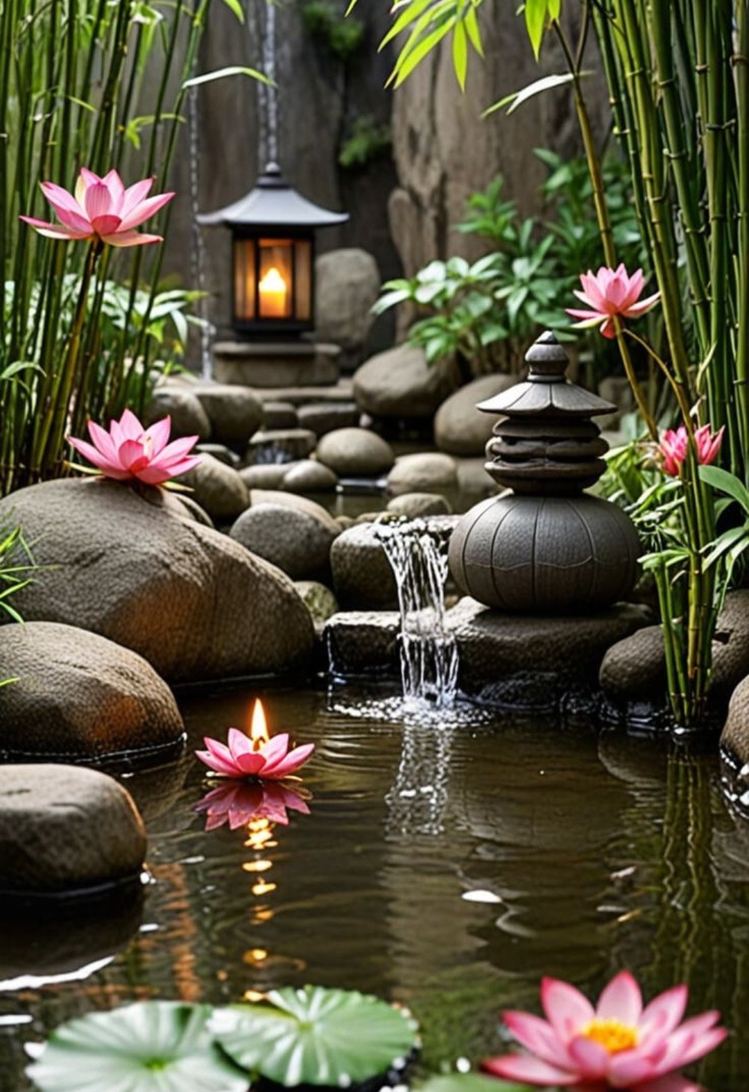 Bamboo zen garden with lotus pond and stone lantern