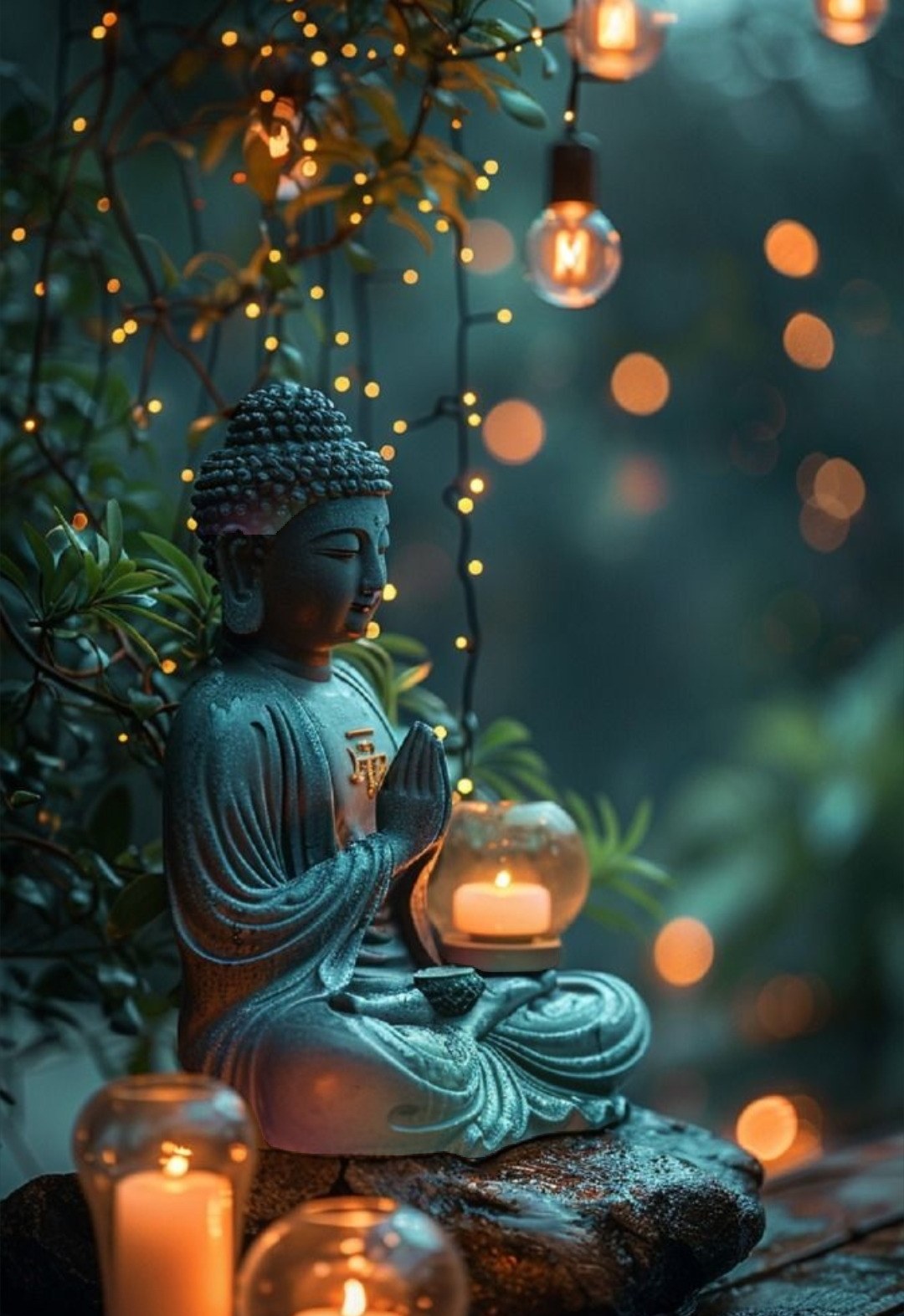 Buddha statue in candlelit garden — inner stillness