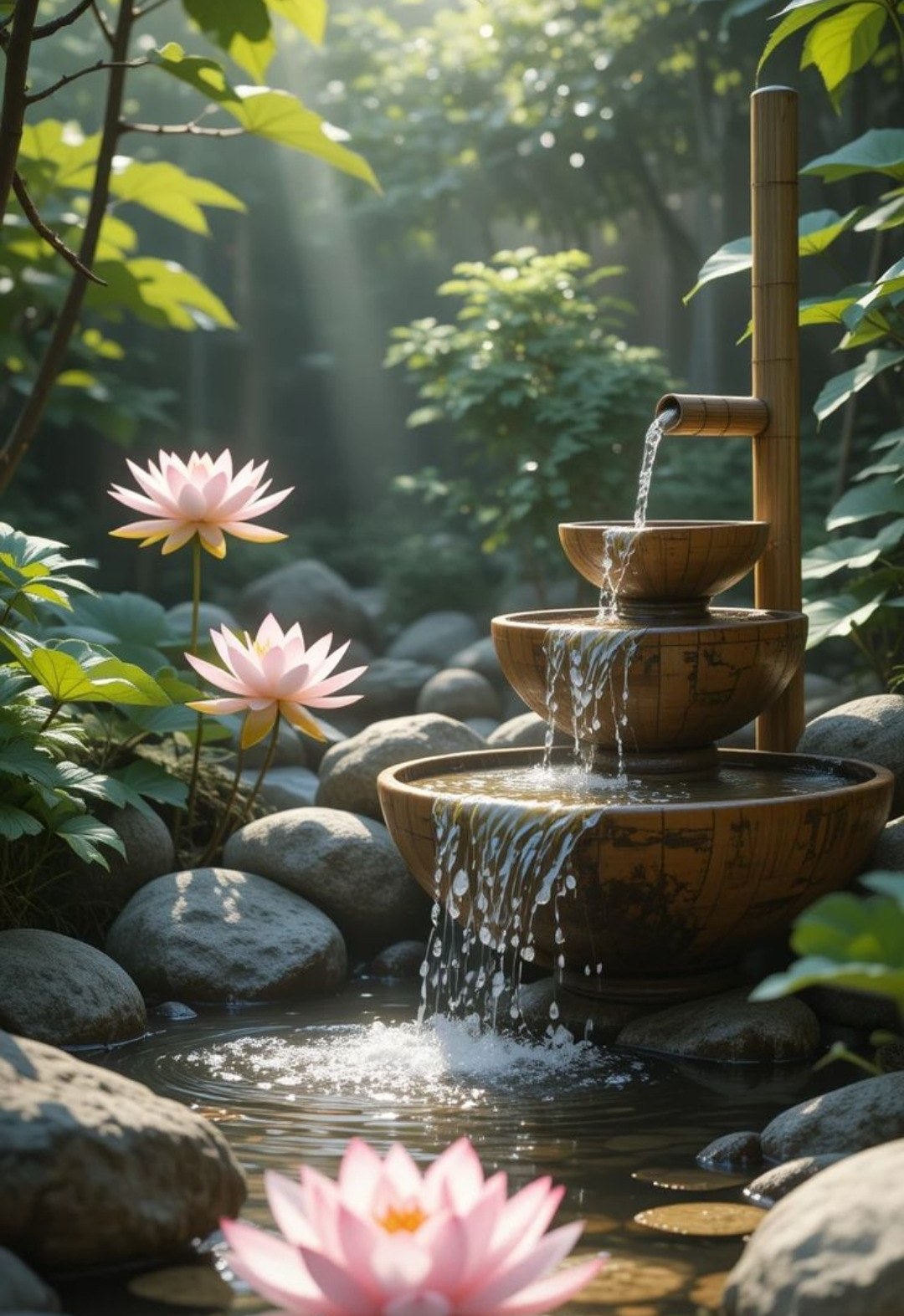 Bamboo water fountain with lotus flowers