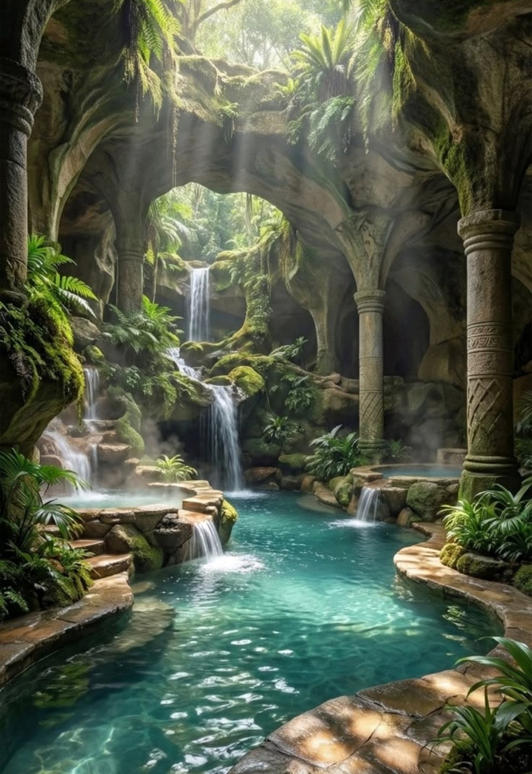 Ancient stone archway waterfall sanctuary
