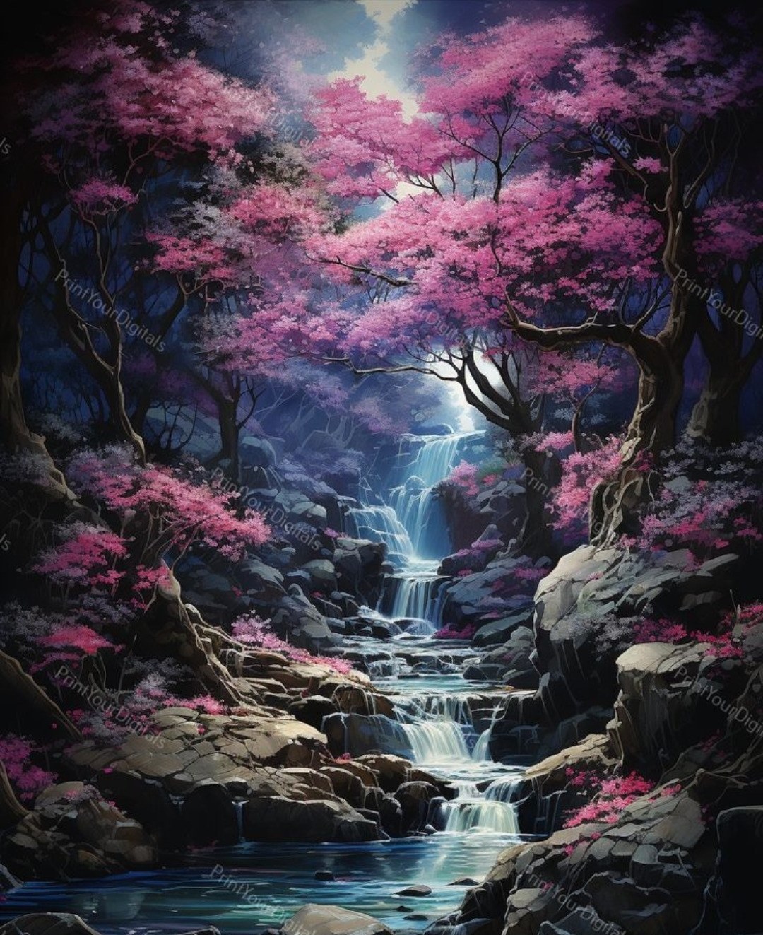 Pink cherry blossom waterfall at night