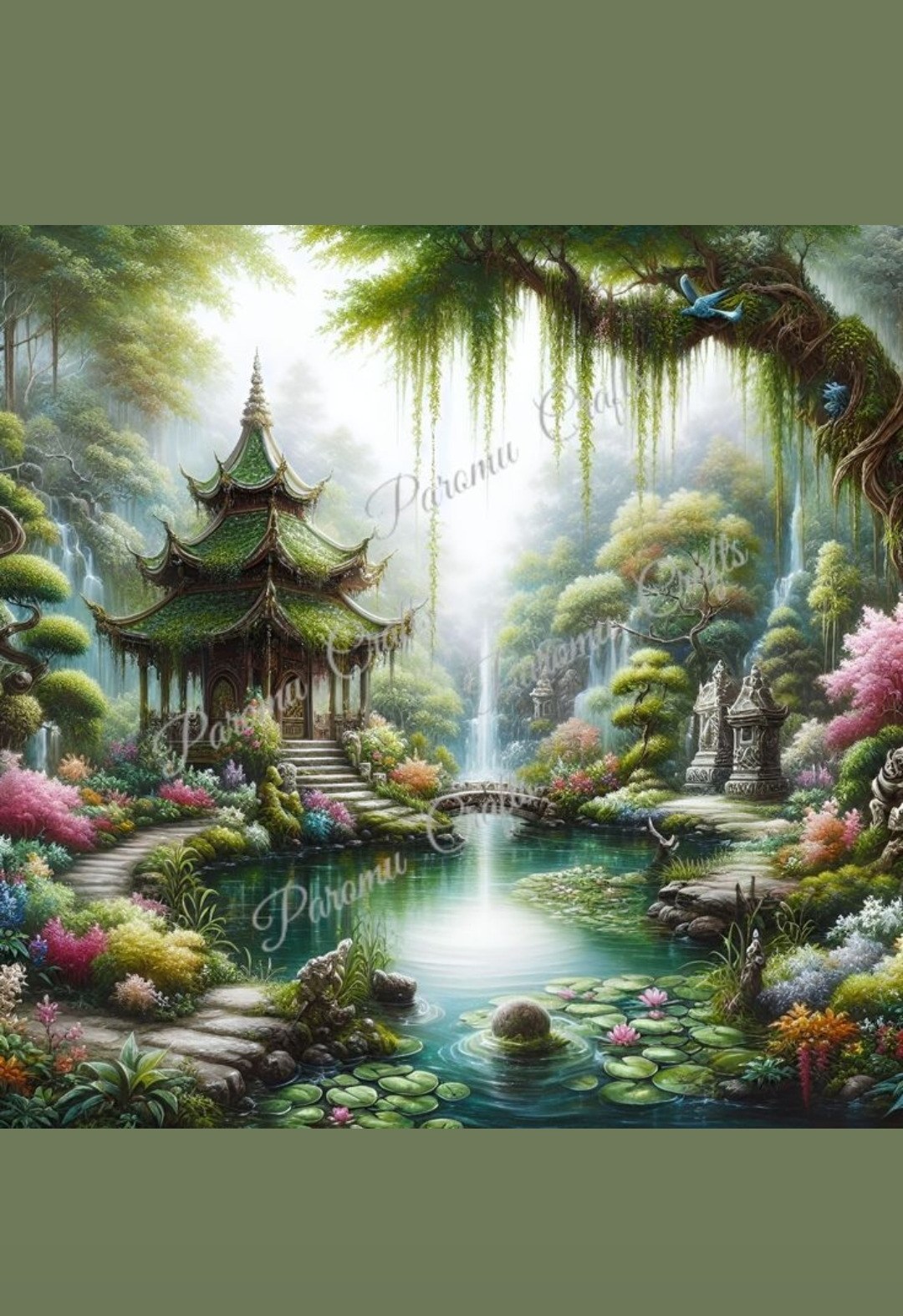 Jade pagoda in misty waterfall garden