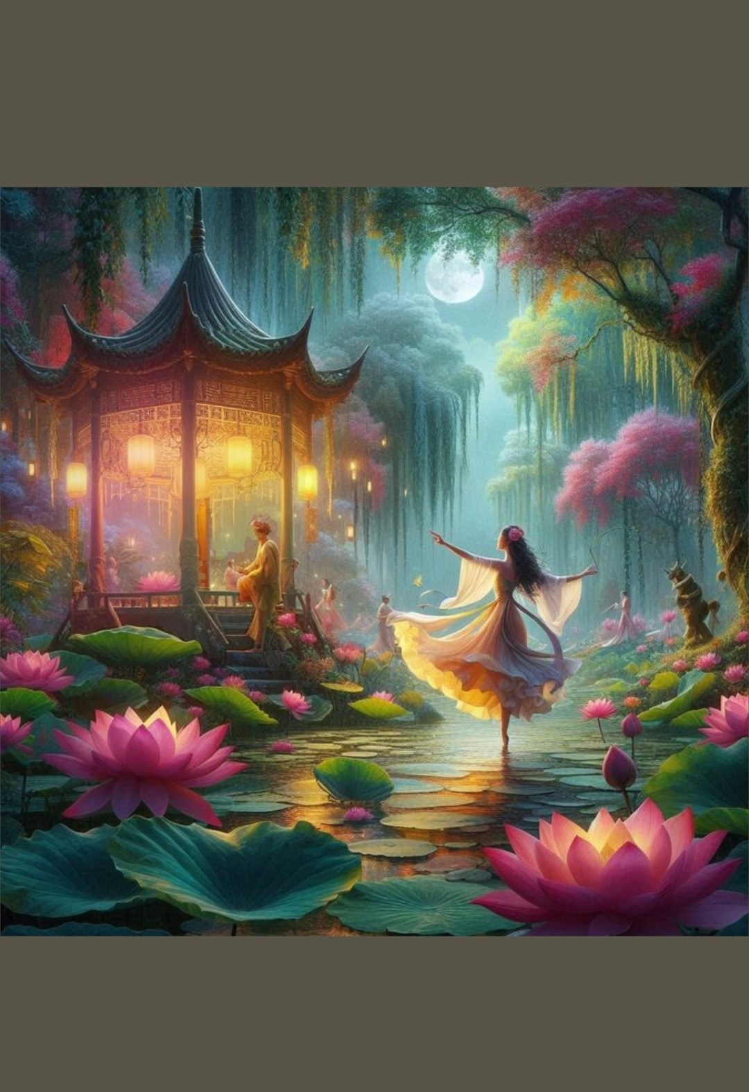 Moonlit lotus garden with dancing figure