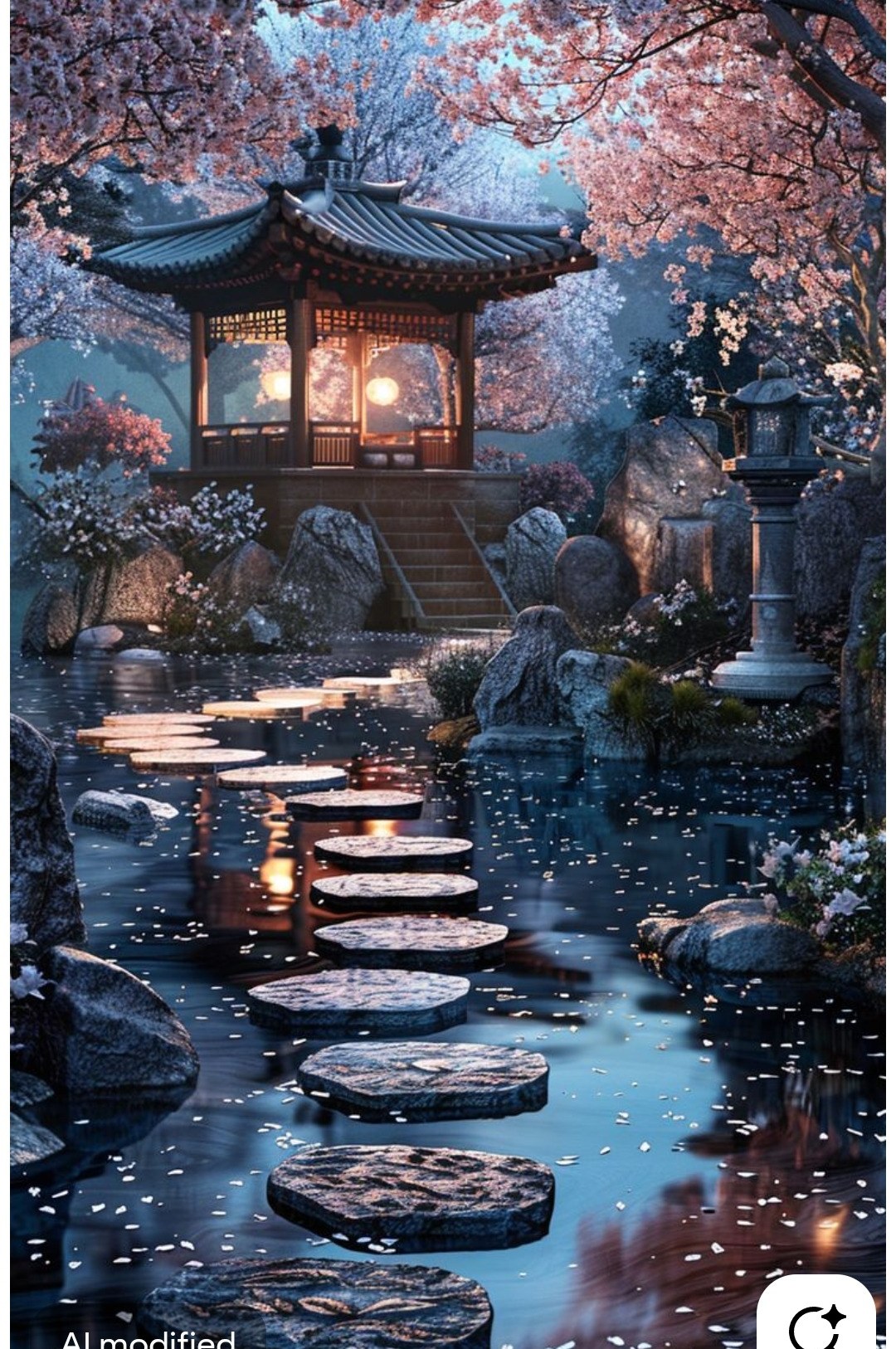 Cherry blossom pagoda at twilight with stepping stones