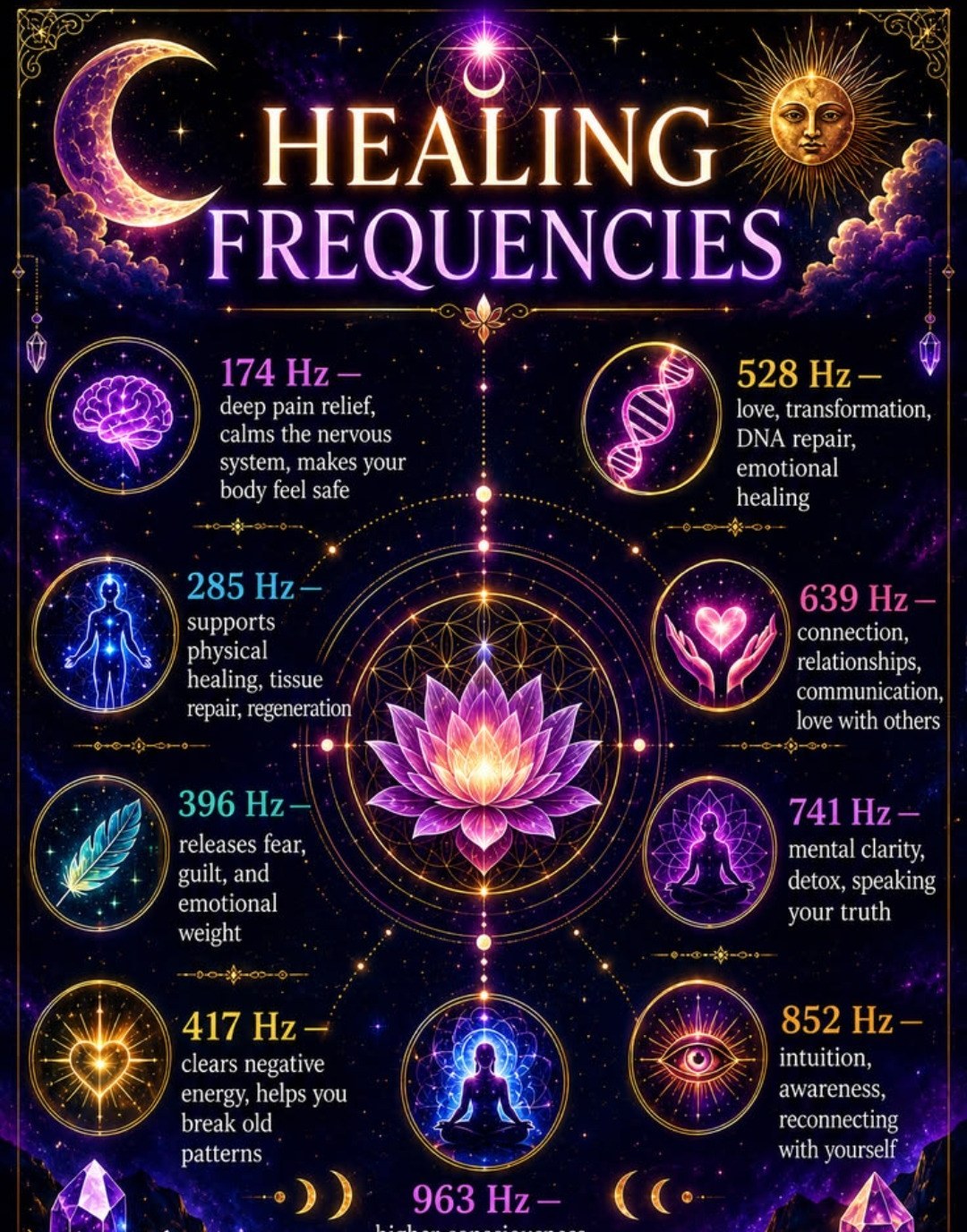 Healing Frequencies — 174Hz to 963Hz complete guide