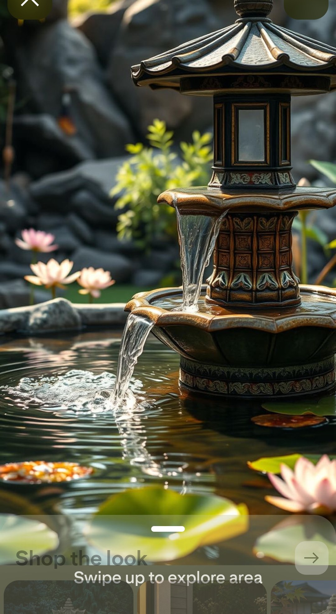 Stone pagoda fountain with lotus pond and koi — zen garden sanctuary