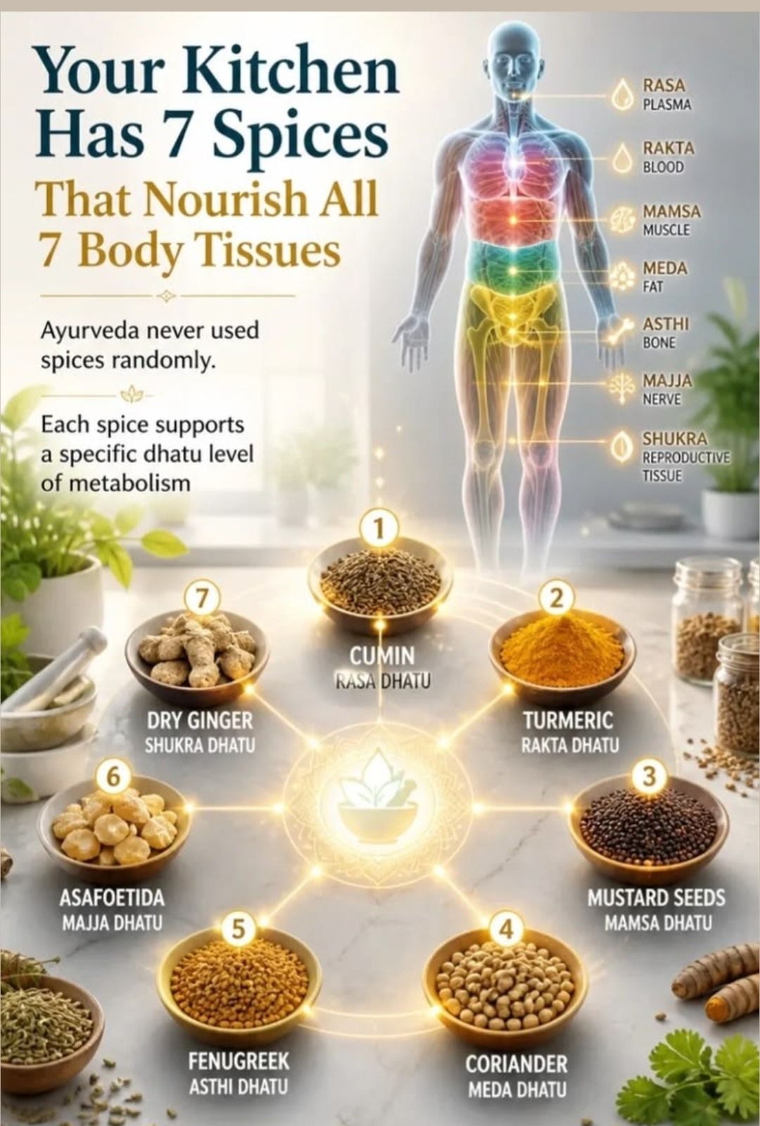 Your Kitchen Has 7 Spices That Nourish All 7 Body Tissues — Cumin for Rasa, Turmeric for Rakta, Mustard Seeds for Mamsa, Coriander for Meda, Fenugreek for Asthi, Asafoetida for Majja, Dry Ginger for Shukra