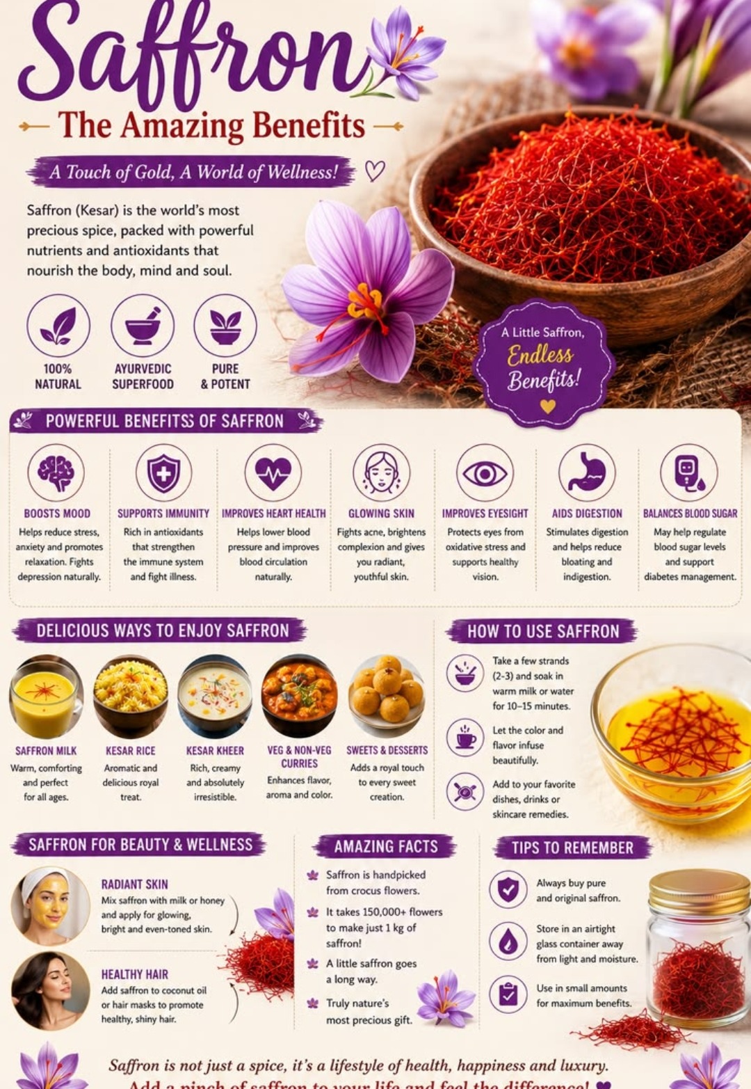 Saffron — The Amazing Benefits: boosts mood, supports immunity, improves heart health, glowing skin, improves eyesight, aids digestion, balances blood sugar — Ayurvedic superfood