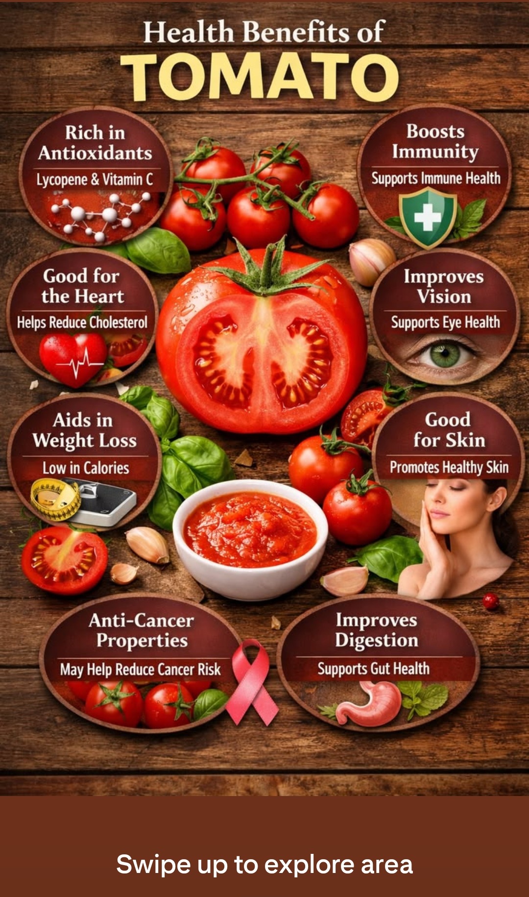 Health Benefits of Tomato — antioxidants, lycopene and vitamin C, boosts immunity, good for heart, improves vision, aids weight loss, good for skin, anti-cancer, improves digestion