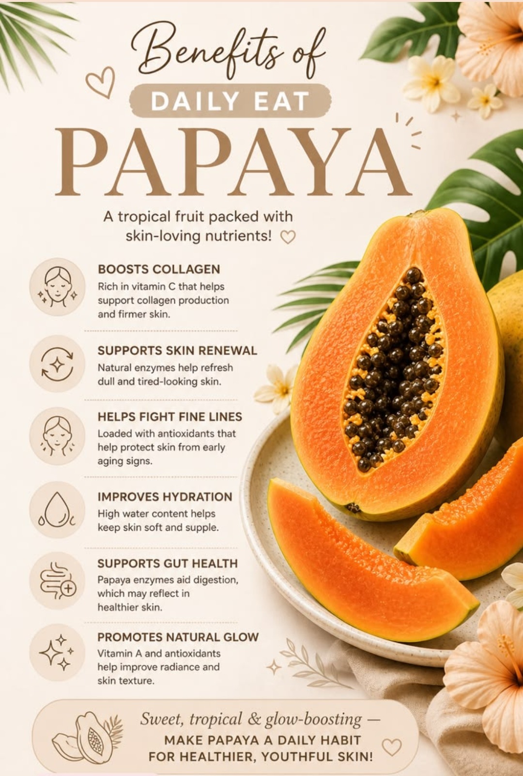Benefits of Daily Eating Papaya — boosts collagen, supports skin renewal, helps fight fine lines, improves hydration, supports gut health, promotes natural glow