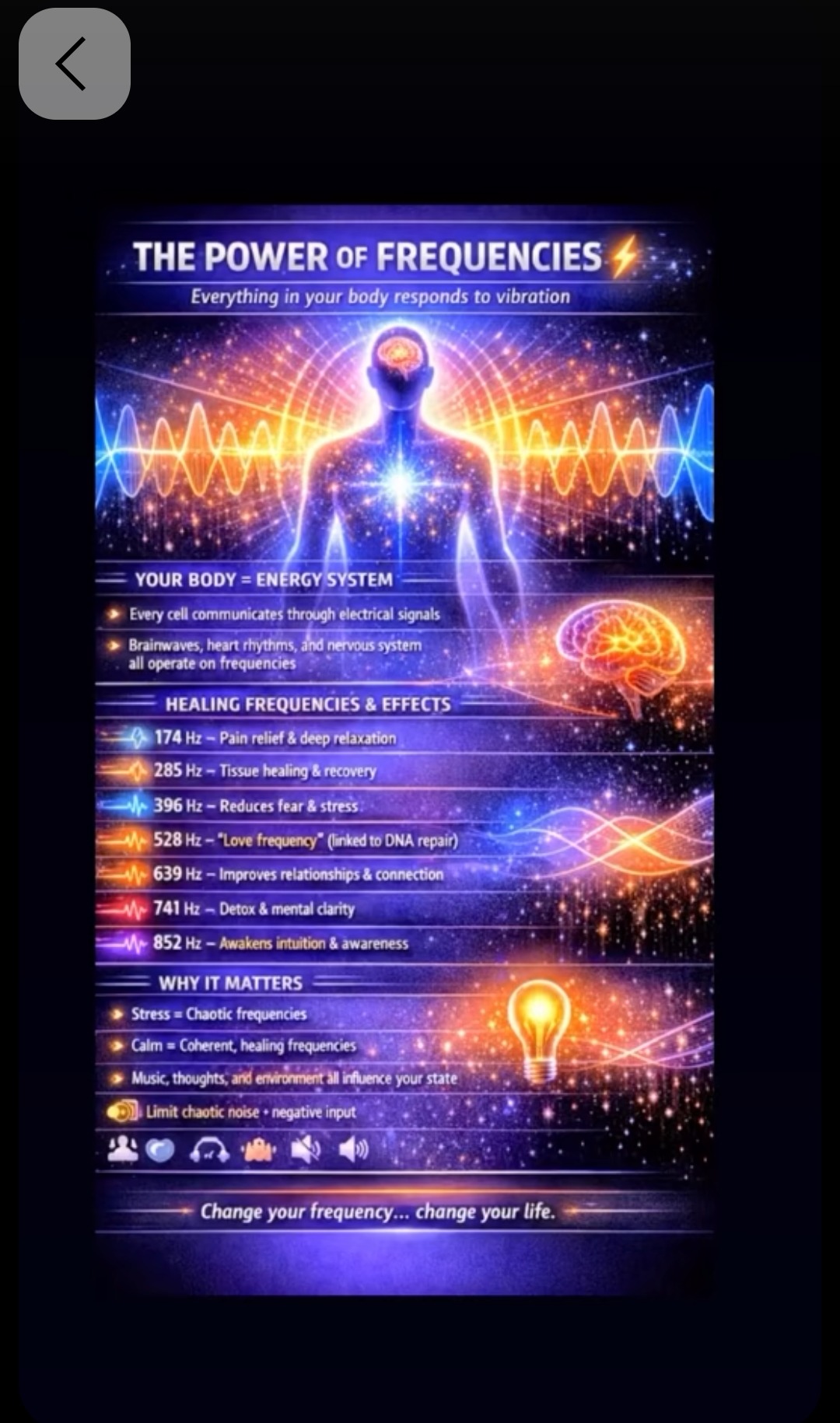 The Power of Frequencies — healing frequencies 174Hz to 852Hz: pain relief, tissue healing, reduces fear, love frequency 528Hz, relationships 639Hz, detox and mental clarity 741Hz, intuition 852Hz