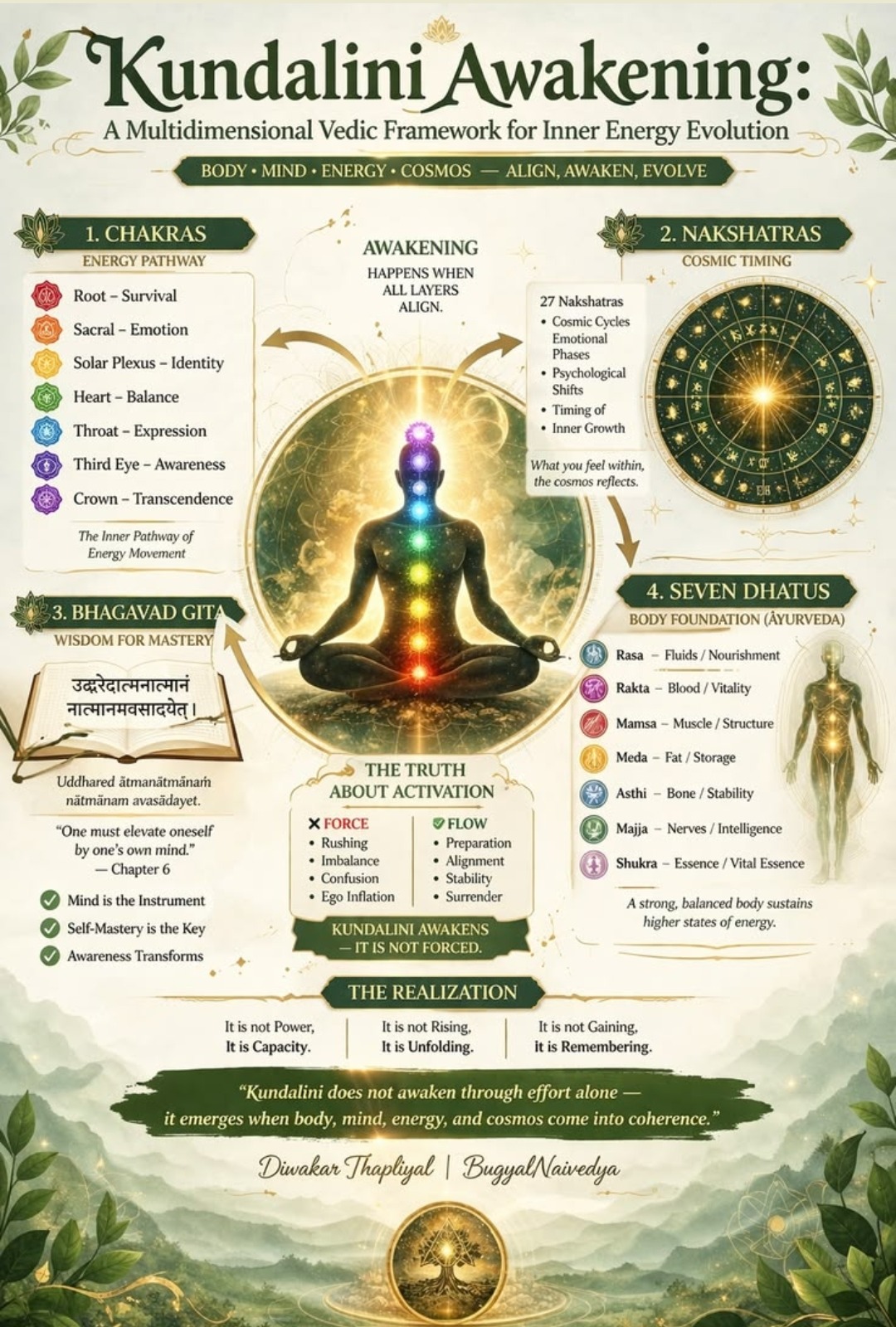 Kundalini Awakening — A Multidimensional Vedic Framework: Chakras, Nakshatras, Bhagavad Gita, Seven Dhatus — Align, Awaken, Evolve