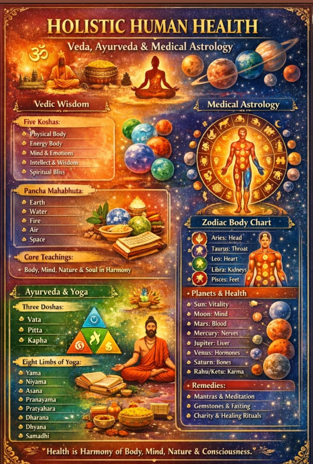 Holistic Human Health — Veda, Ayurveda and Medical Astrology: Five Koshas, Three Doshas, Zodiac Body Chart, Planets and Health