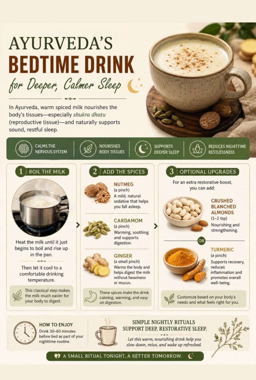 Ayurveda's Bedtime Drink for Deeper Calmer Sleep — warm spiced milk with nutmeg, cardamom, ginger