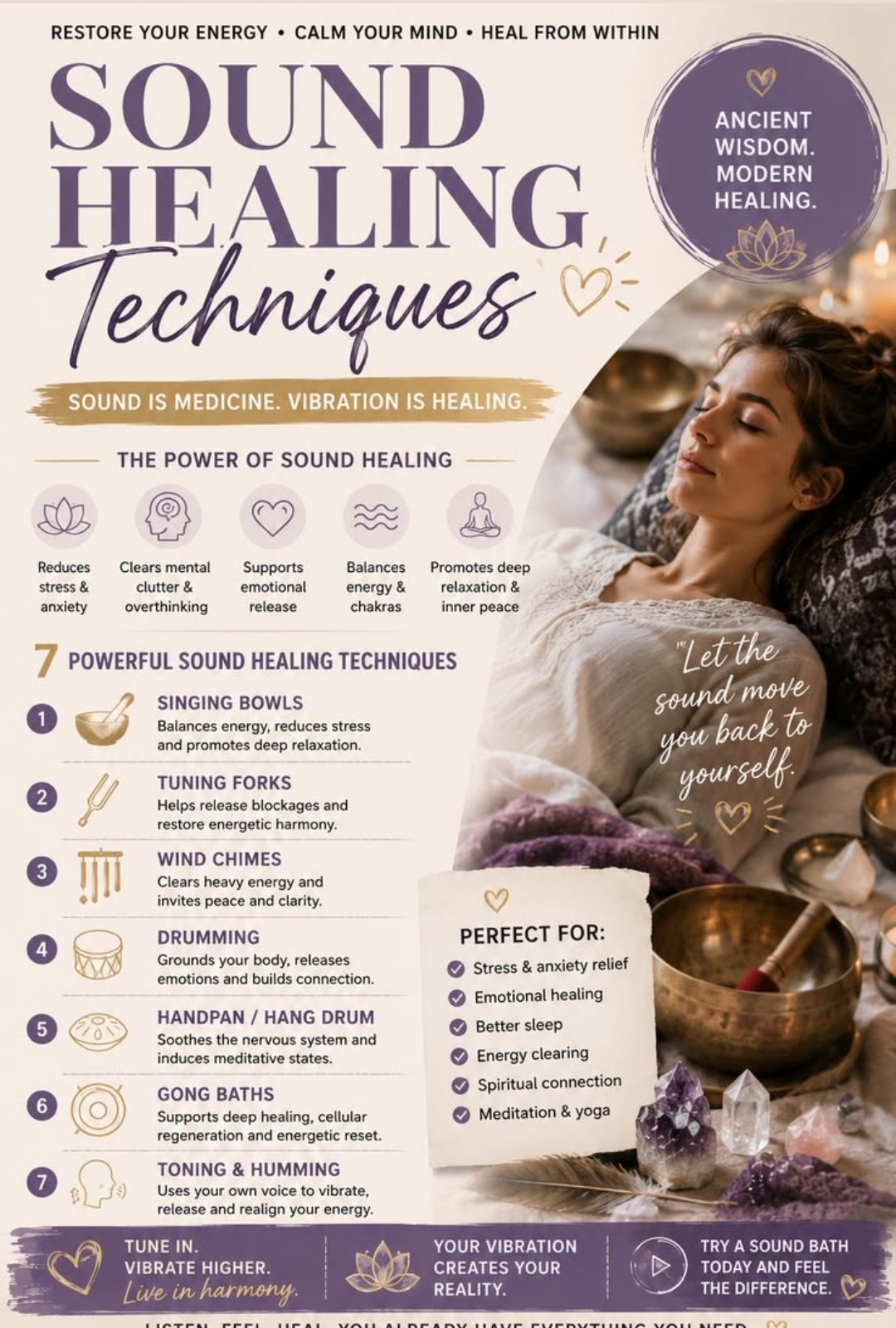 Sound Healing Techniques — 7 powerful techniques: Singing Bowls, Tuning Forks, Wind Chimes, Drumming, Handpan, Gong Baths, Toning and Humming