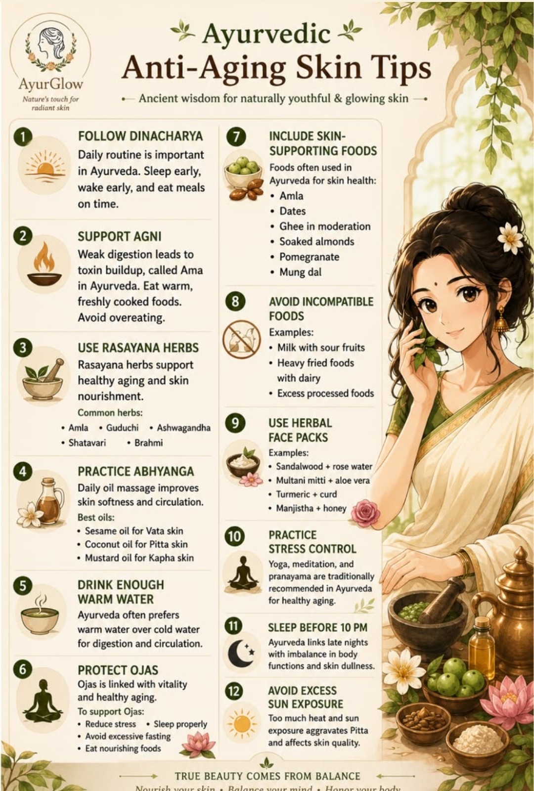 Ayurvedic Anti-Aging Skin Tips — 12 ancient wisdom tips for naturally youthful and glowing skin including Dinacharya, Abhyanga, Rasayana Herbs