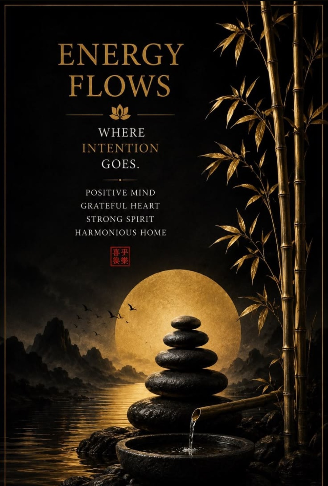 Energy Flows Where Intention Goes — Positive Mind, Grateful Heart, Strong Spirit, Harmonious Home