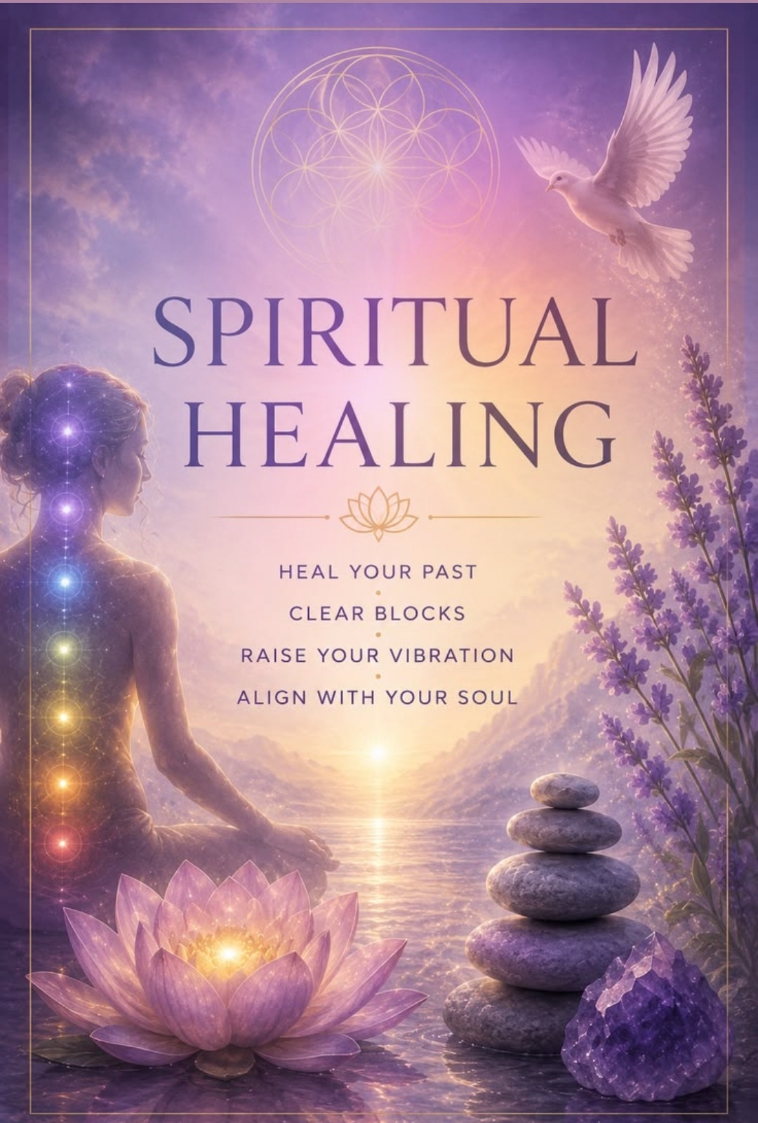 Spiritual Healing — Heal Your Past, Clear Blocks, Raise Your Vibration, Align With Your Soul — chakra figure with lotus, amethyst and divine light
