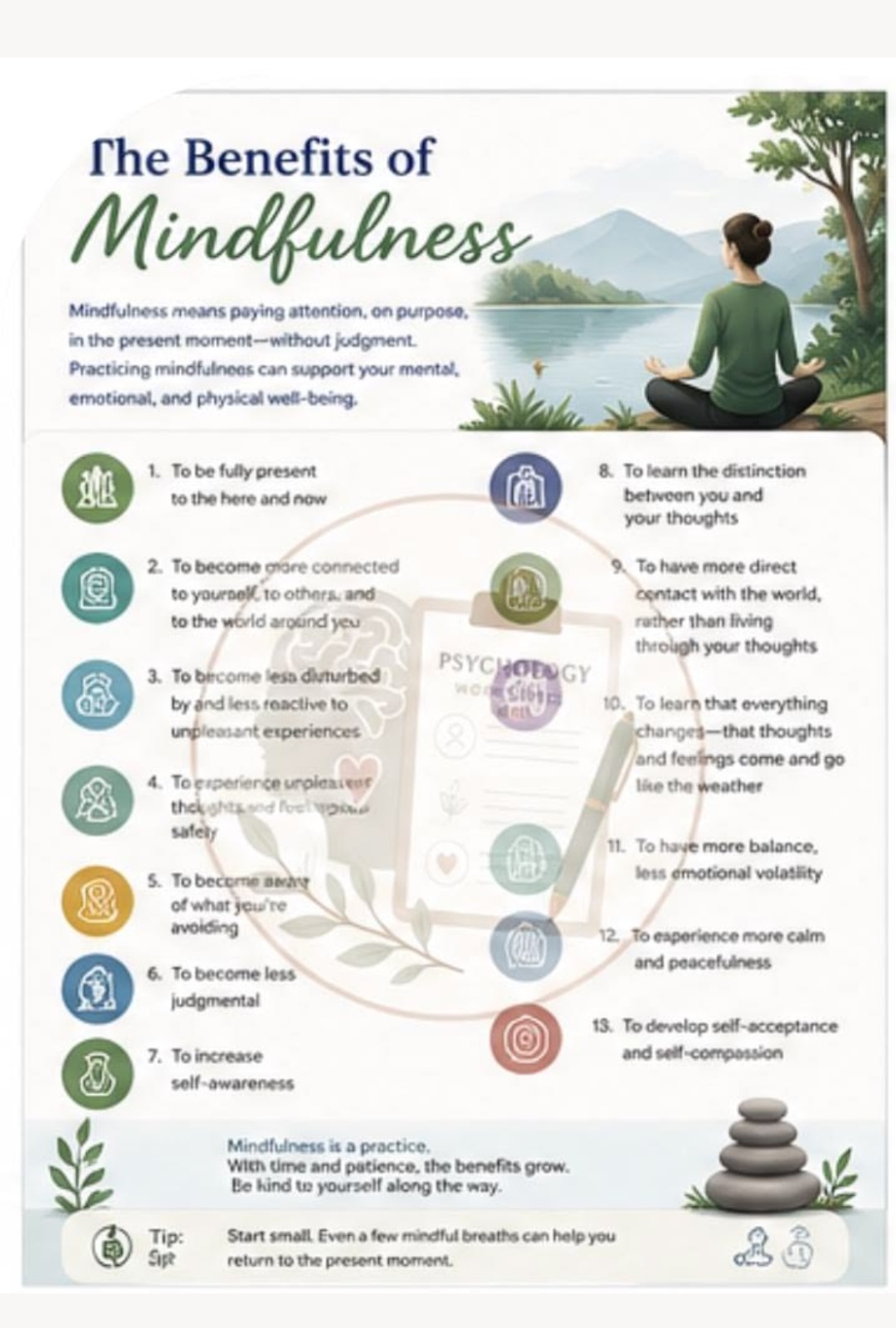 The Benefits of Mindfulness — 13 reasons to practice: presence, connection, less reactivity, emotional safety, self-awareness, non-judgment, distinction between self and thoughts, calm and peacefulness, self-compassion