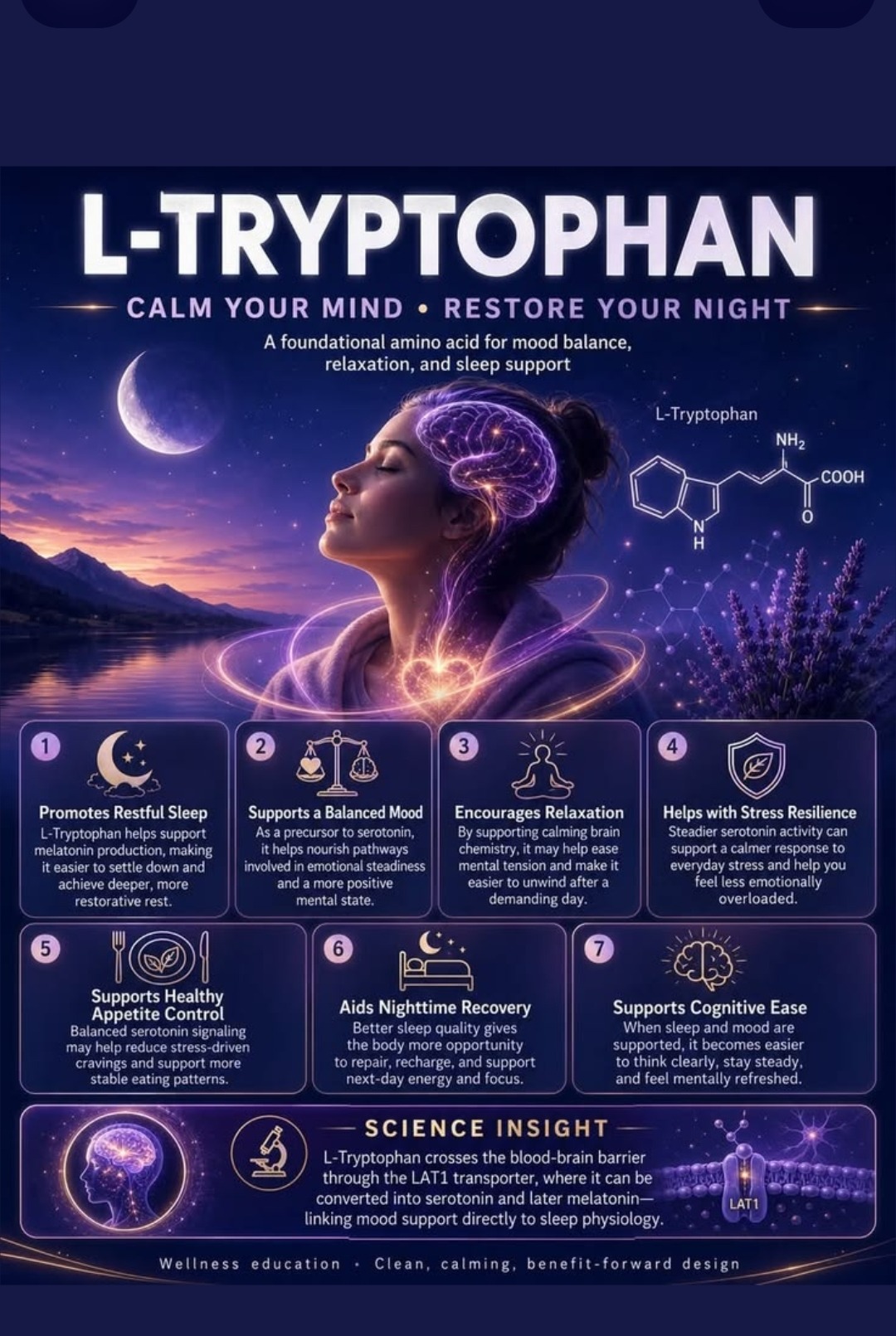 L-Tryptophan — Calm Your Mind, Restore Your Night: promotes restful sleep, supports balanced mood, encourages relaxation, helps with stress resilience, supports healthy appetite control, aids nighttime recovery, supports cognitive ease
