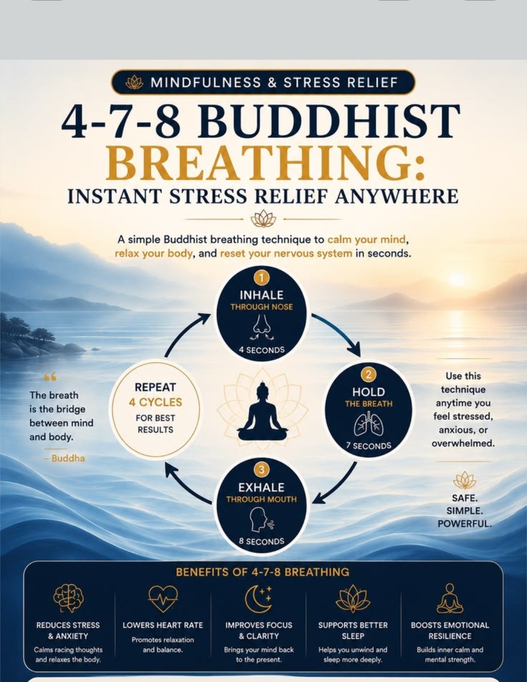 4-7-8 Buddhist Breathing — Instant Stress Relief Anywhere: inhale 4 seconds, hold 7 seconds, exhale 8 seconds — reduces stress and anxiety, lowers heart rate, improves focus, supports better sleep, boosts emotional resilience