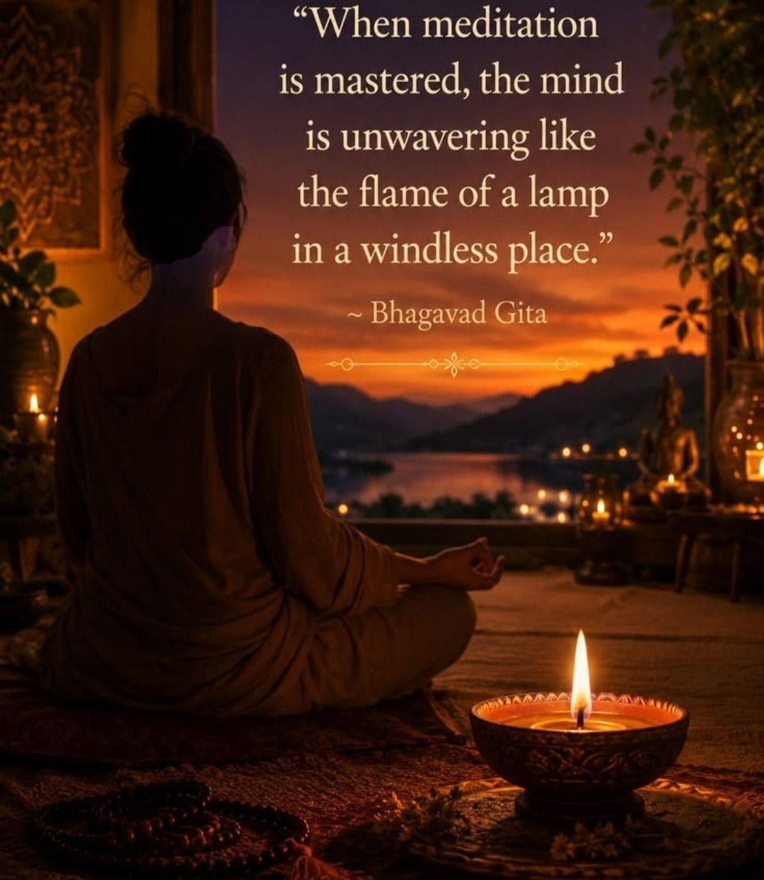 Bhagavad Gita — When meditation is mastered, the mind is unwavering like the flame of a lamp in a windless place