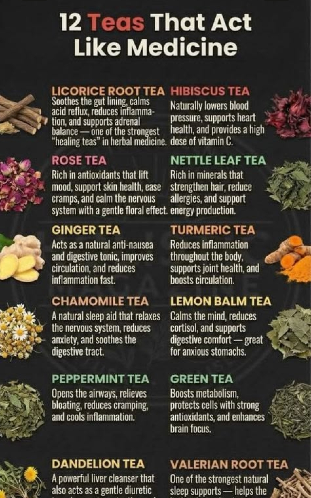 12 teas that act like medicine — licorice root, hibiscus, rose, nettle leaf, ginger, turmeric, chamomile, lemon balm, peppermint, green, dandelion, valerian root