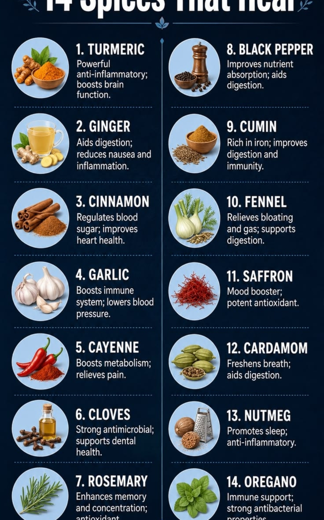 14 spices that heal — turmeric, ginger, cinnamon, garlic, cayenne, cloves, rosemary, black pepper, cumin, fennel, saffron, cardamom, nutmeg, oregano