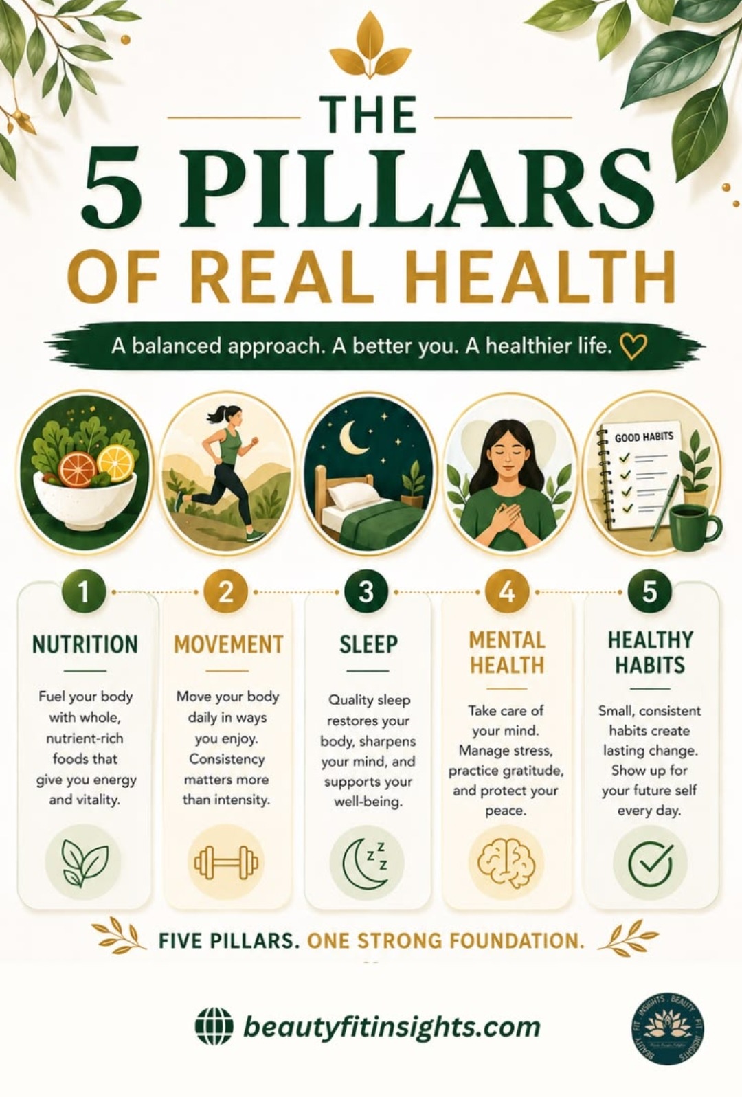 The five pillars of real health — nutrition, movement, sleep, mental health and healthy habits