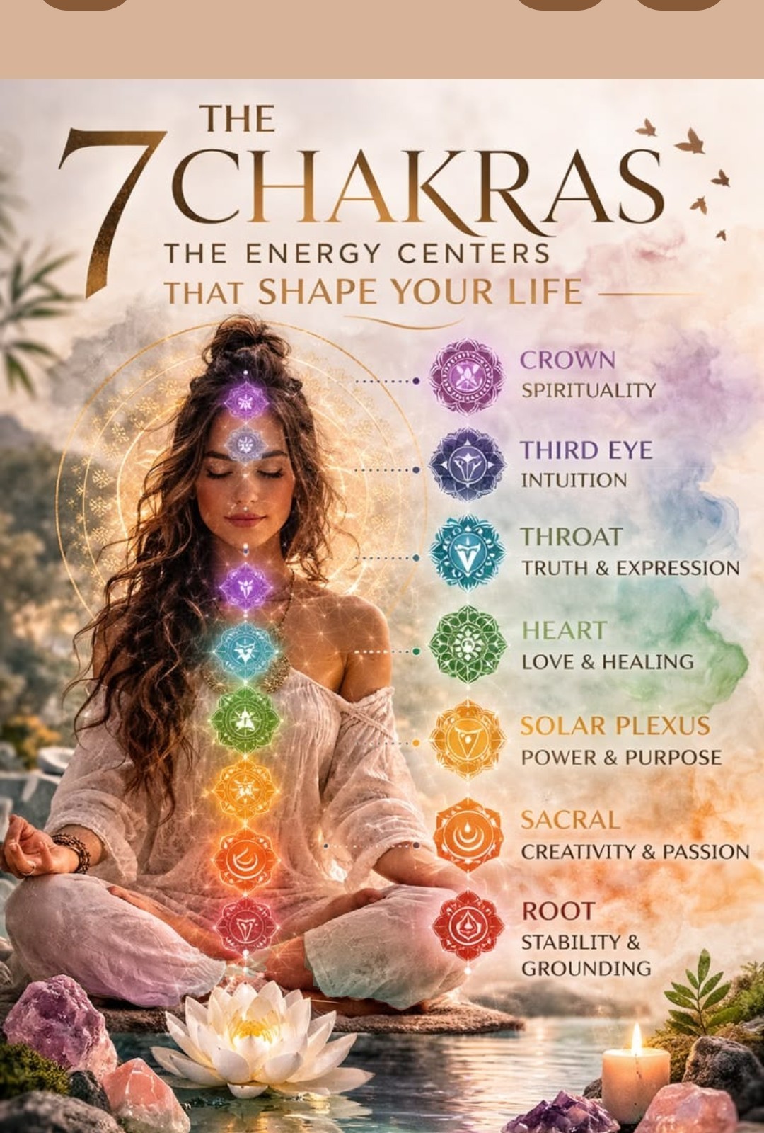 The 7 Chakras — The Energy Centers That Shape Your Life: Crown Spirituality, Third Eye Intuition, Throat Truth & Expression, Heart Love & Healing, Solar Plexus Power & Purpose, Sacral Creativity & Passion, Root Stability & Grounding