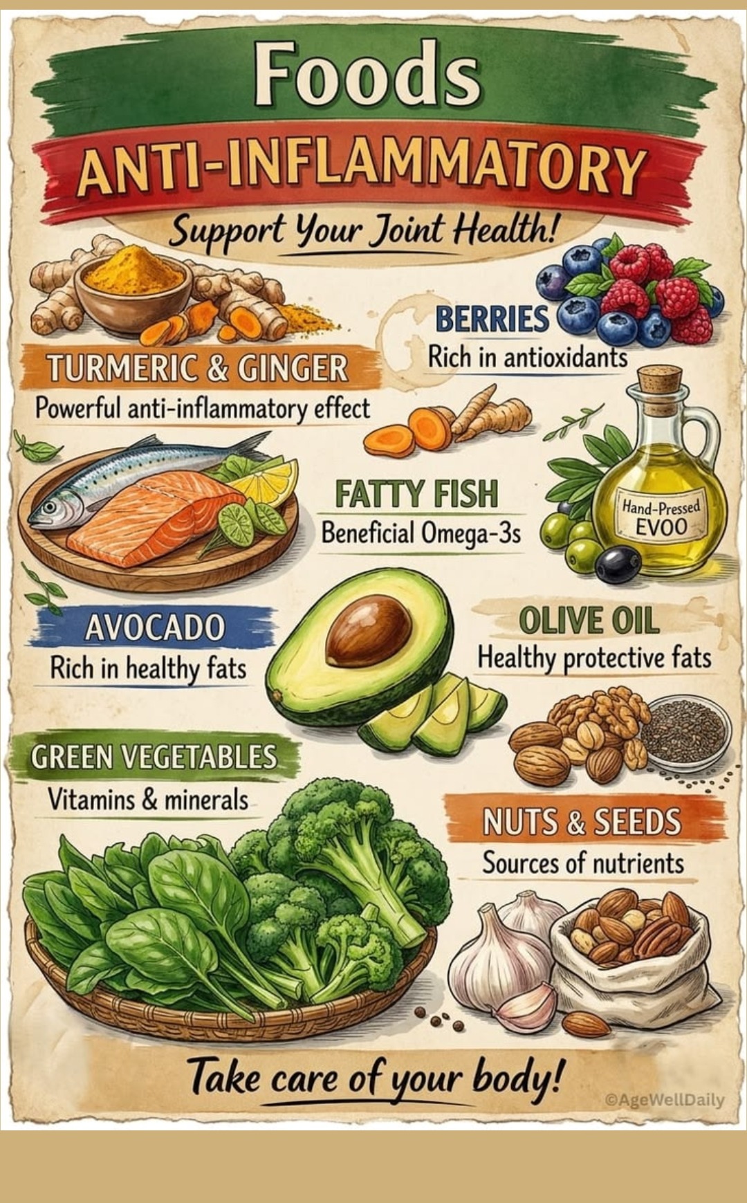 Anti-inflammatory foods to support joint health — turmeric, ginger, berries, fatty fish, avocado, olive oil, leafy greens, nuts and seeds