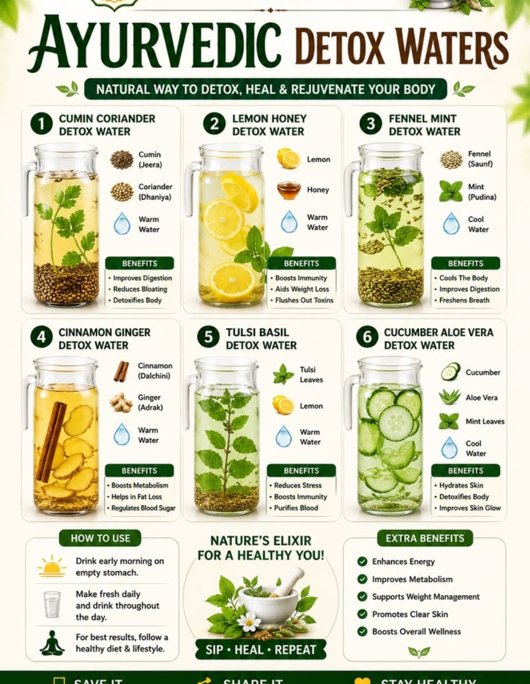 Ayurvedic Detox Waters — cumin coriander, lemon honey, fennel mint, cinnamon ginger, tulsi basil, cucumber aloe vera — natural way to detox heal and rejuvenate