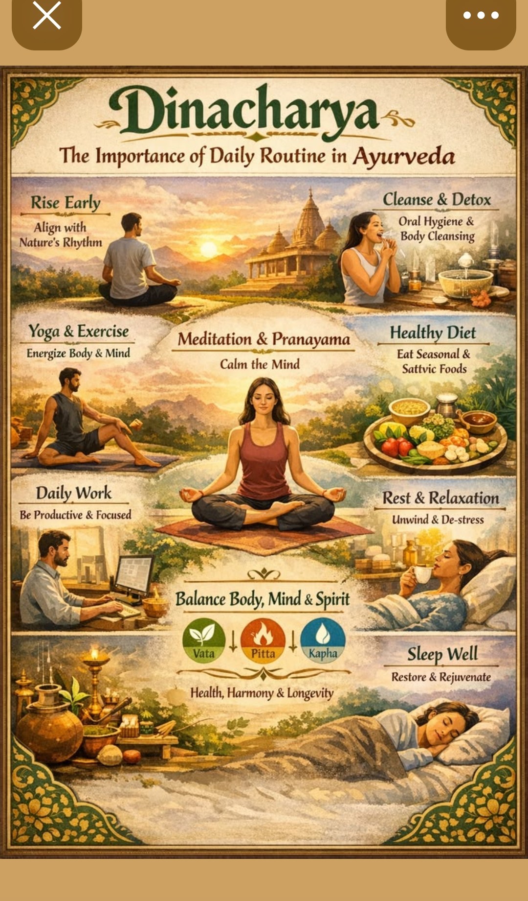 Dinacharya — The Importance of Daily Routine in Ayurveda — rise early cleanse yoga meditation healthy diet work rest sleep well