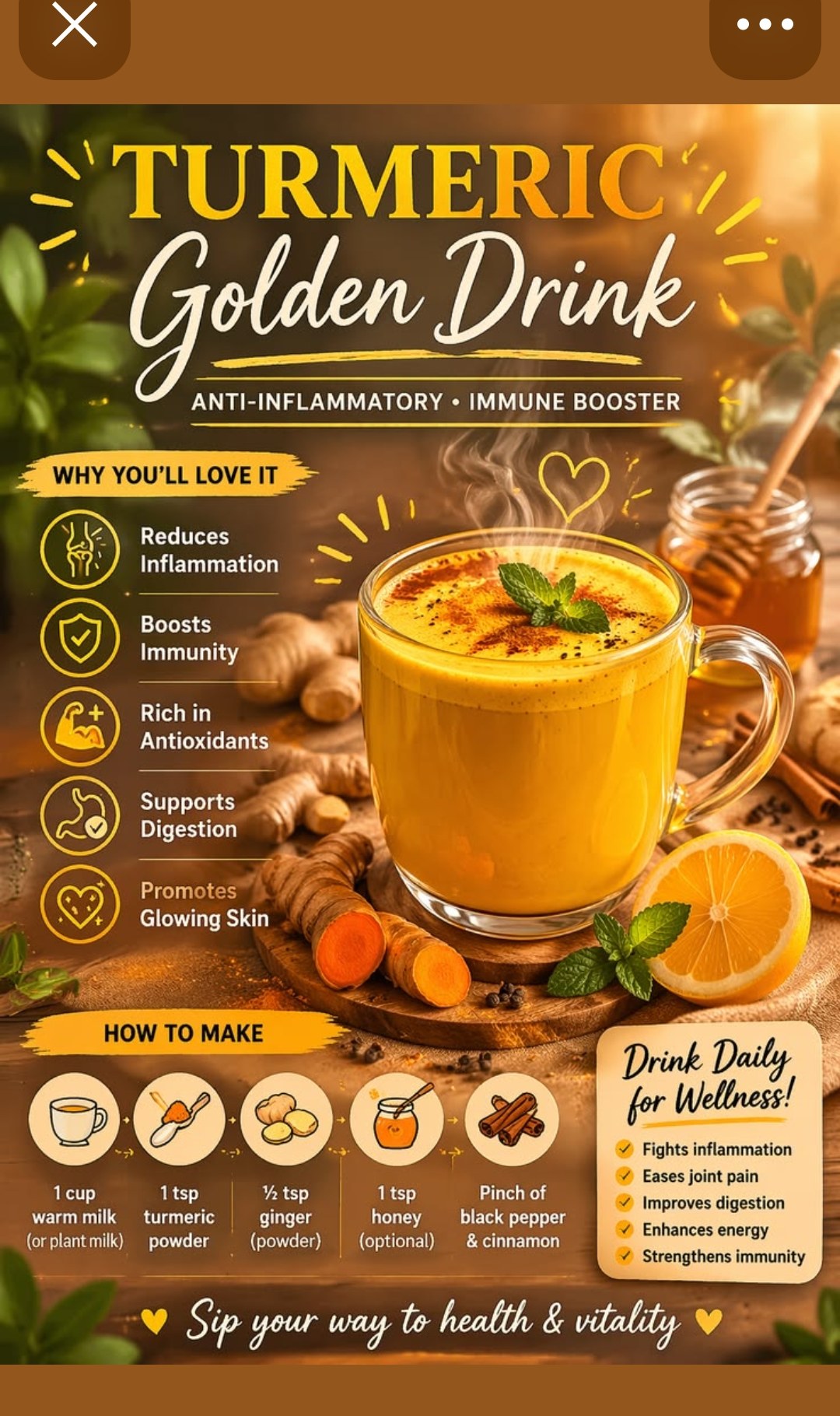 Turmeric Golden Drink — anti-inflammatory immune booster — golden milk with turmeric ginger honey cinnamon black pepper warm milk