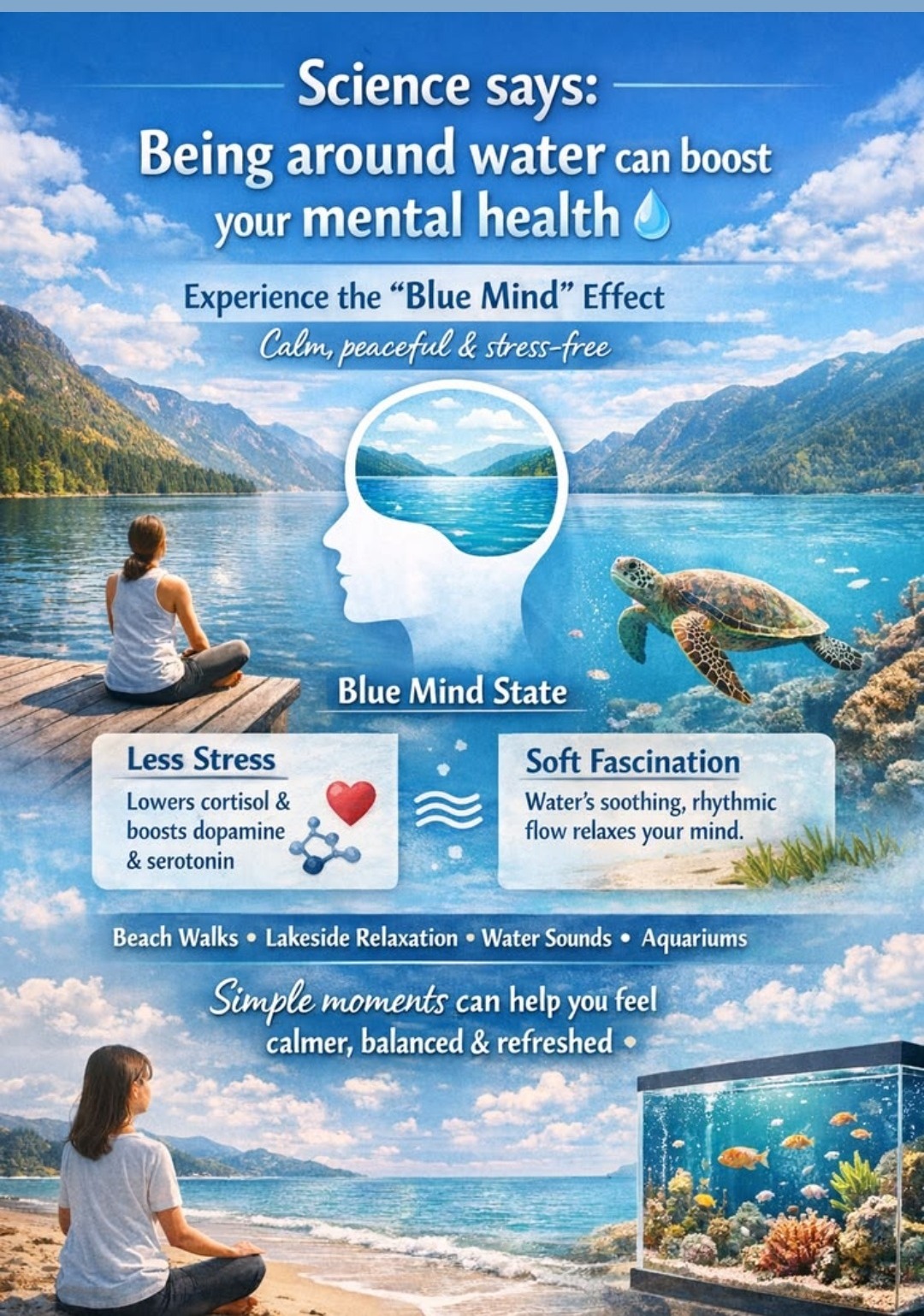 Science says: Being around water boosts mental health — Blue Mind Effect, Less Stress, Soft Fascination, lowers cortisol and boosts dopamine and serotonin