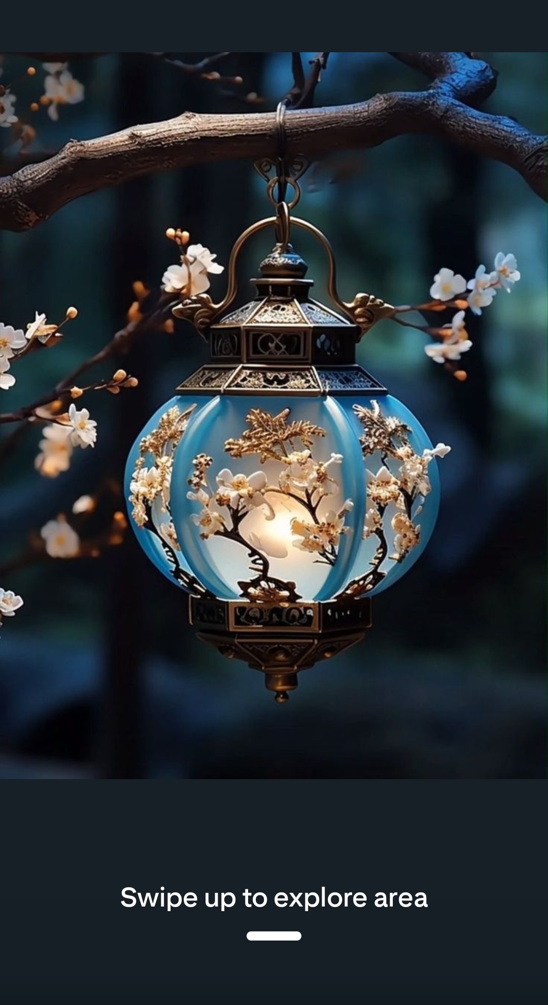 Blue glass lantern with cherry blossom branches, glowing among the trees at dusk