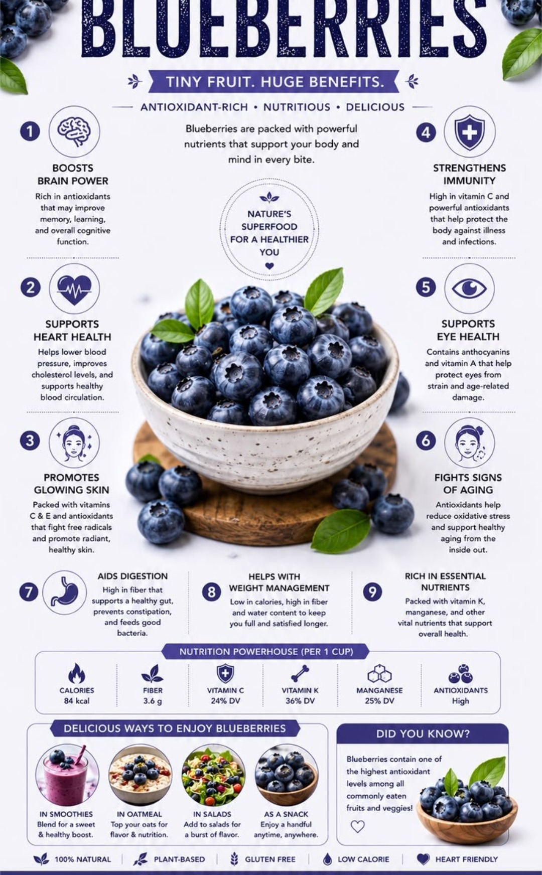 Benefits of blueberries — boosts brain power, supports heart health, promotes glowing skin, strengthens immunity, supports eye health