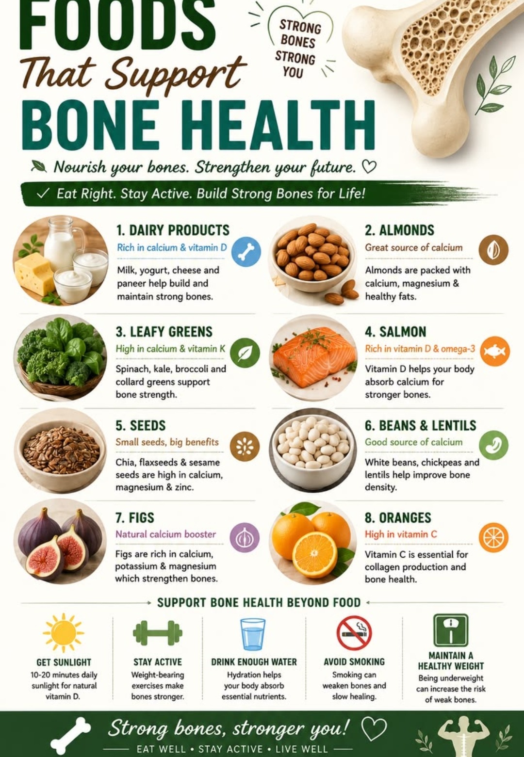 Foods that support bone health — dairy, almonds, leafy greens, salmon, seeds, beans and lentils, figs, oranges