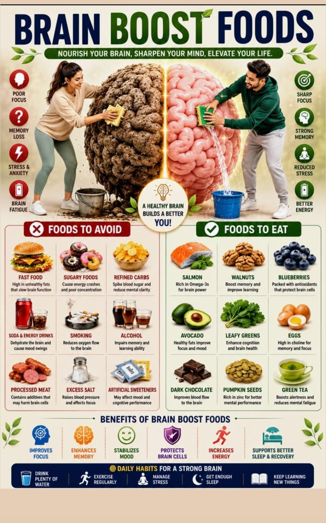 Brain boost foods — salmon, walnuts, blueberries, avocado, leafy greens, eggs, dark chocolate, pumpkin seeds, green tea, and the foods that slow the brain down