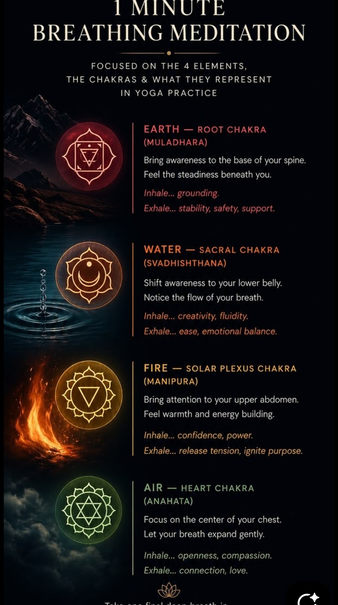 1 Minute Breathing Meditation focused on the 4 elements and chakras — Earth Root Chakra Muladhara for grounding, Water Sacral Chakra Svadhishthana for creativity and fluidity, Fire Solar Plexus Chakra Manipura for confidence and power, Air Heart Chakra Anahata for openness and compassion