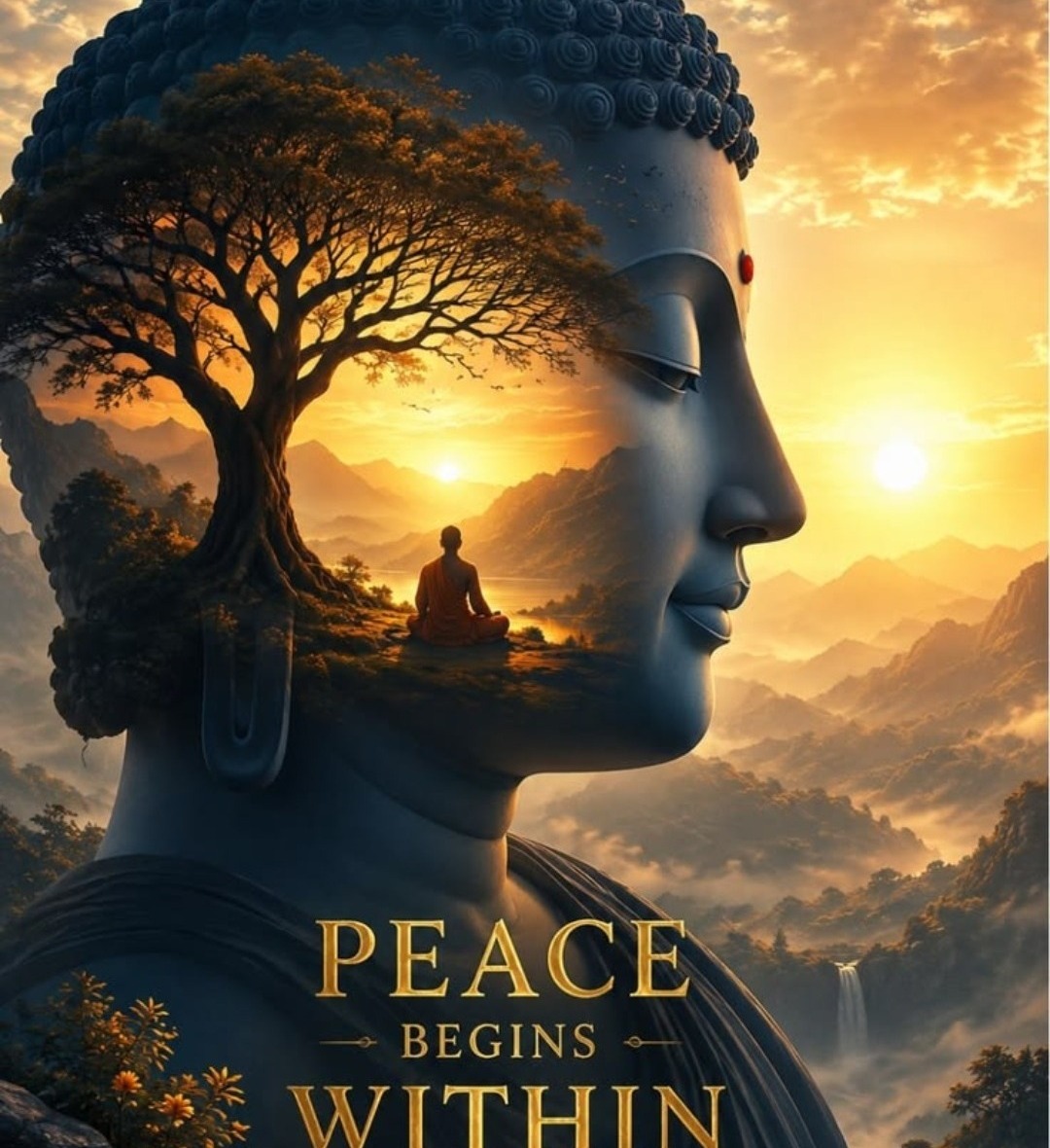 Peace Begins Within — Find Your Balance — Buddha meditation with tree of life at sunset