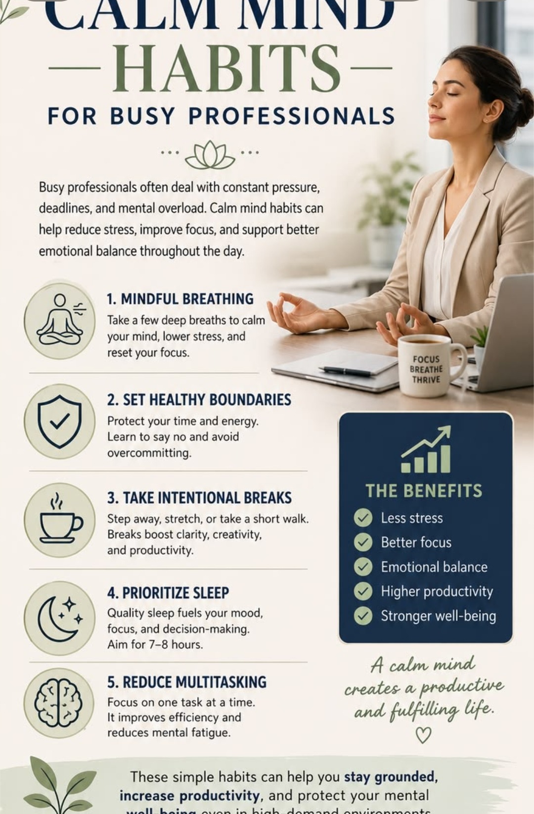 Calm mind habits for busy professionals — mindful breathing, healthy boundaries, intentional breaks, sleep, reduced multitasking