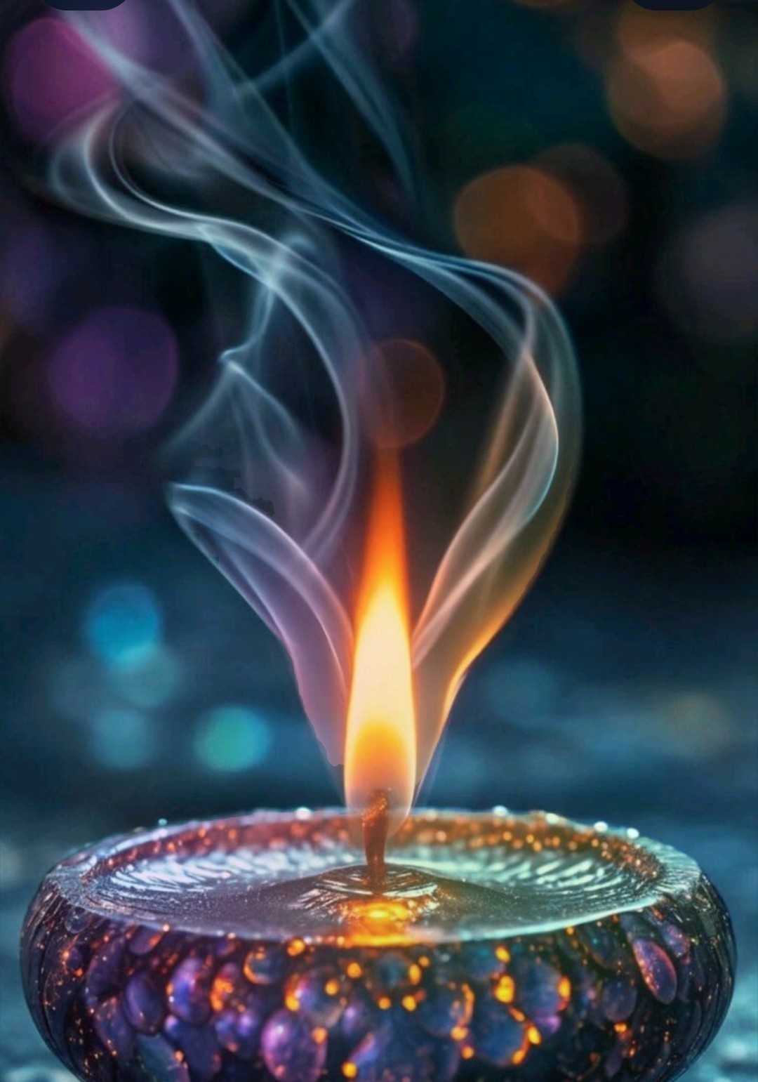 A single candle flame dancing in an ornate jewelled holder, wisps of smoke rising against a soft bokeh background