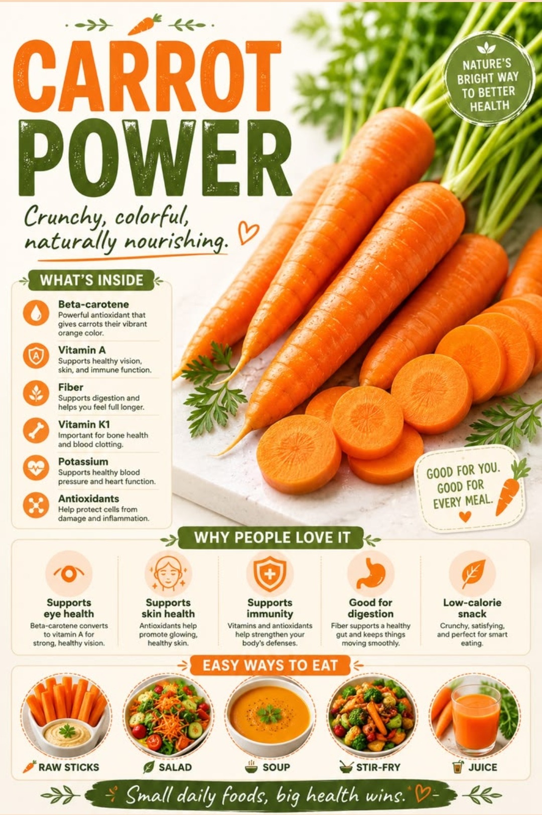 Carrot power — crunchy colorful naturally nourishing, beta-carotene, vitamin A, fiber, vitamin K1, potassium, antioxidants